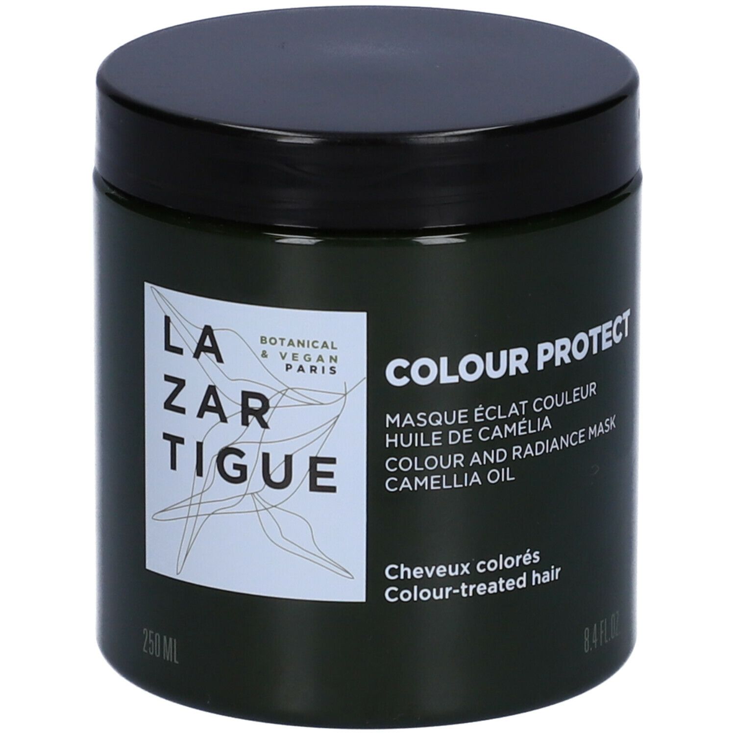 Barattolo verde scuro con coperchio nero. Scritta: LAZARTIGUE, COLOUR PROTECT, Masque éclat couleur, olio di Camelia.