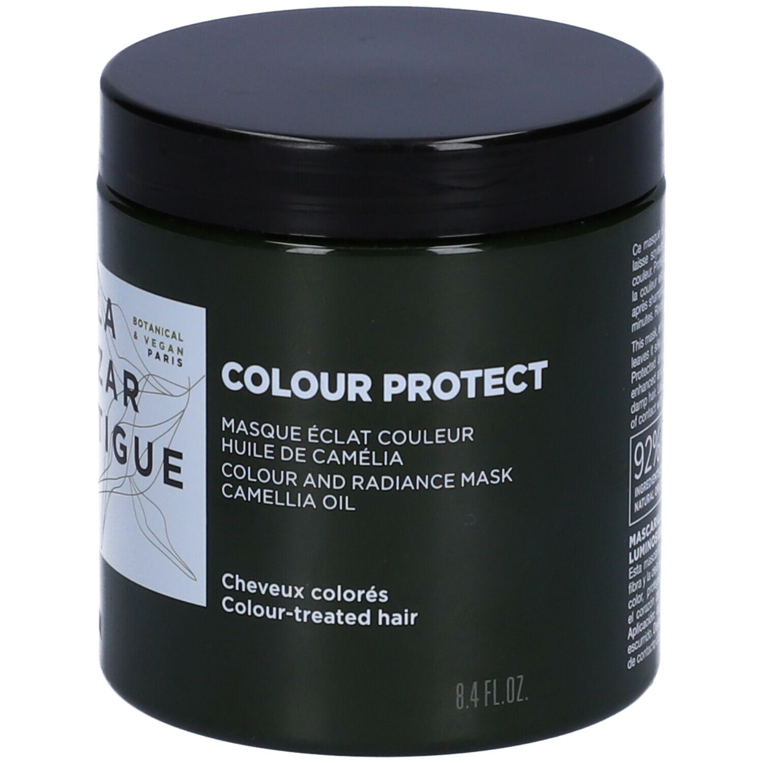 Barattolo verde scuro con coperchio nero. Scritta: LAZARTIGUE, COLOUR PROTECT, Masque éclat couleur, olio di Camelia.