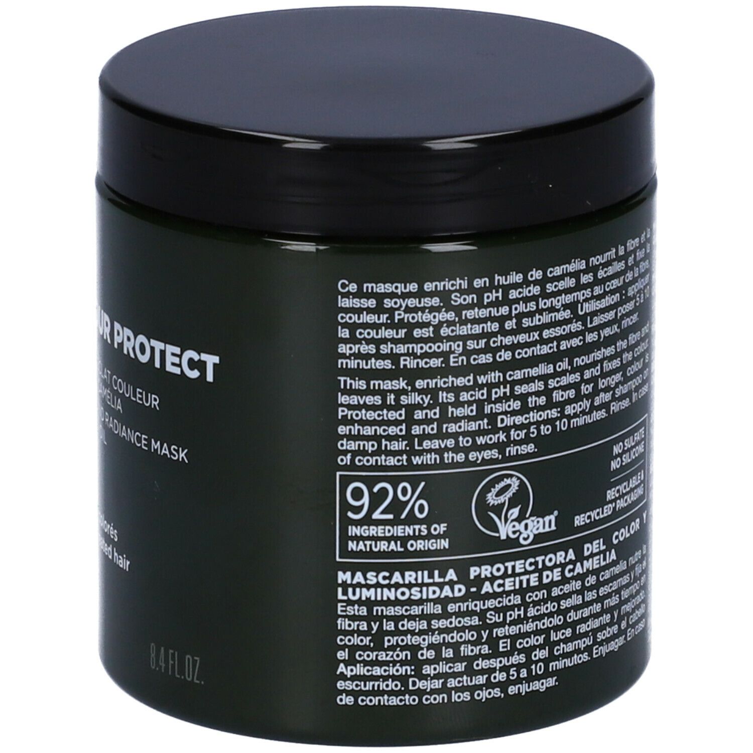 Barattolo verde scuro con coperchio nero. Scritta: LAZARTIGUE, COLOUR PROTECT, Masque éclat couleur, olio di Camelia.