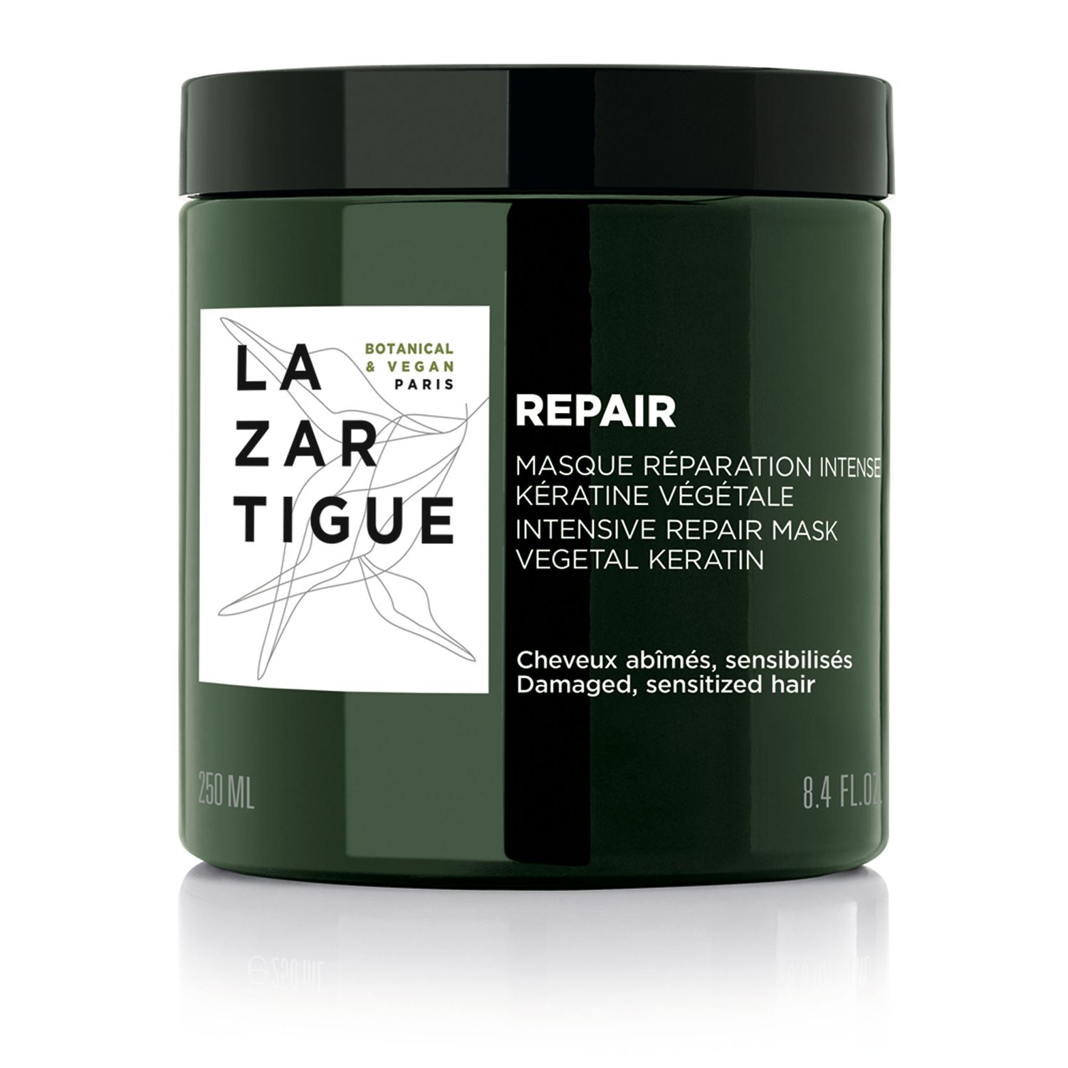 Barattolo verde scuro con coperchio nero. Scritta: LAZARTIGUE, REPAIR, Masque Réparation Intense. 250 ml.