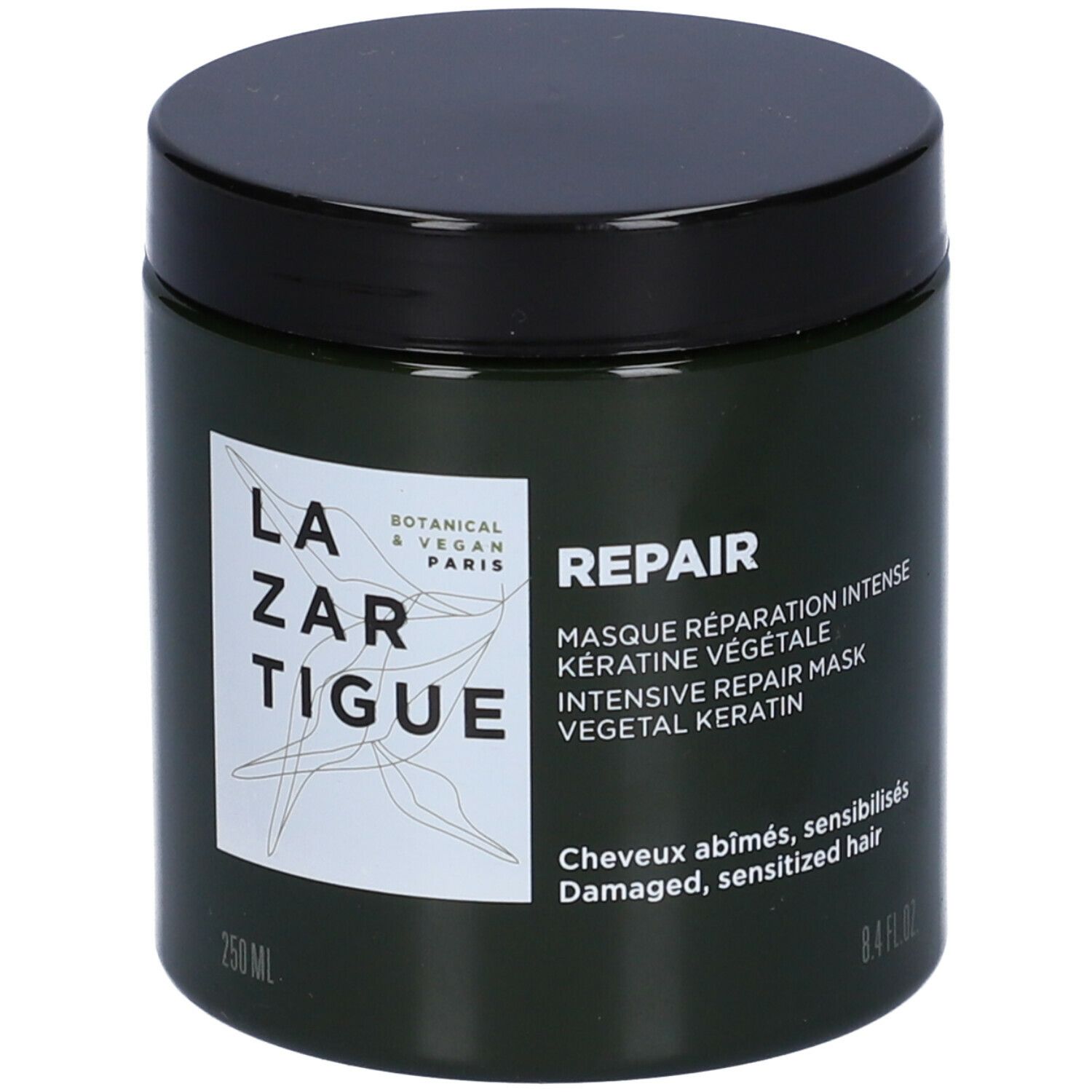 Barattolo verde scuro con coperchio nero. Scritta: LAZARTIGUE, REPAIR, Masque Réparation Intense. 250 ml.
