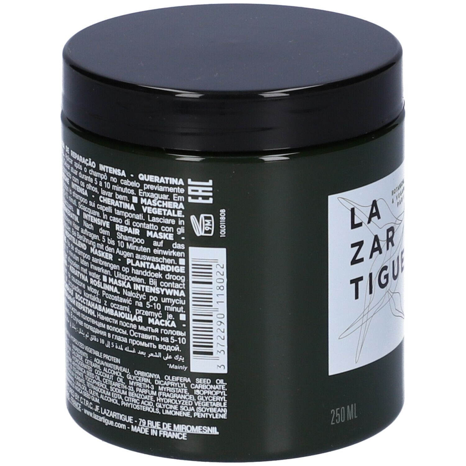 Barattolo verde scuro con coperchio nero. Scritta: LAZARTIGUE, REPAIR, Masque Réparation Intense. Testo sul retro.