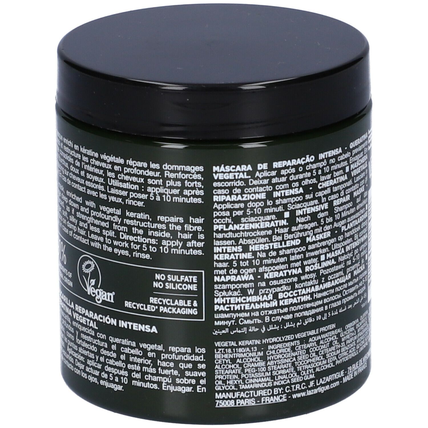 Barattolo verde scuro con coperchio nero. Scritta: LAZARTIGUE, REPAIR, Masque Réparation Intense. Testo sul retro.