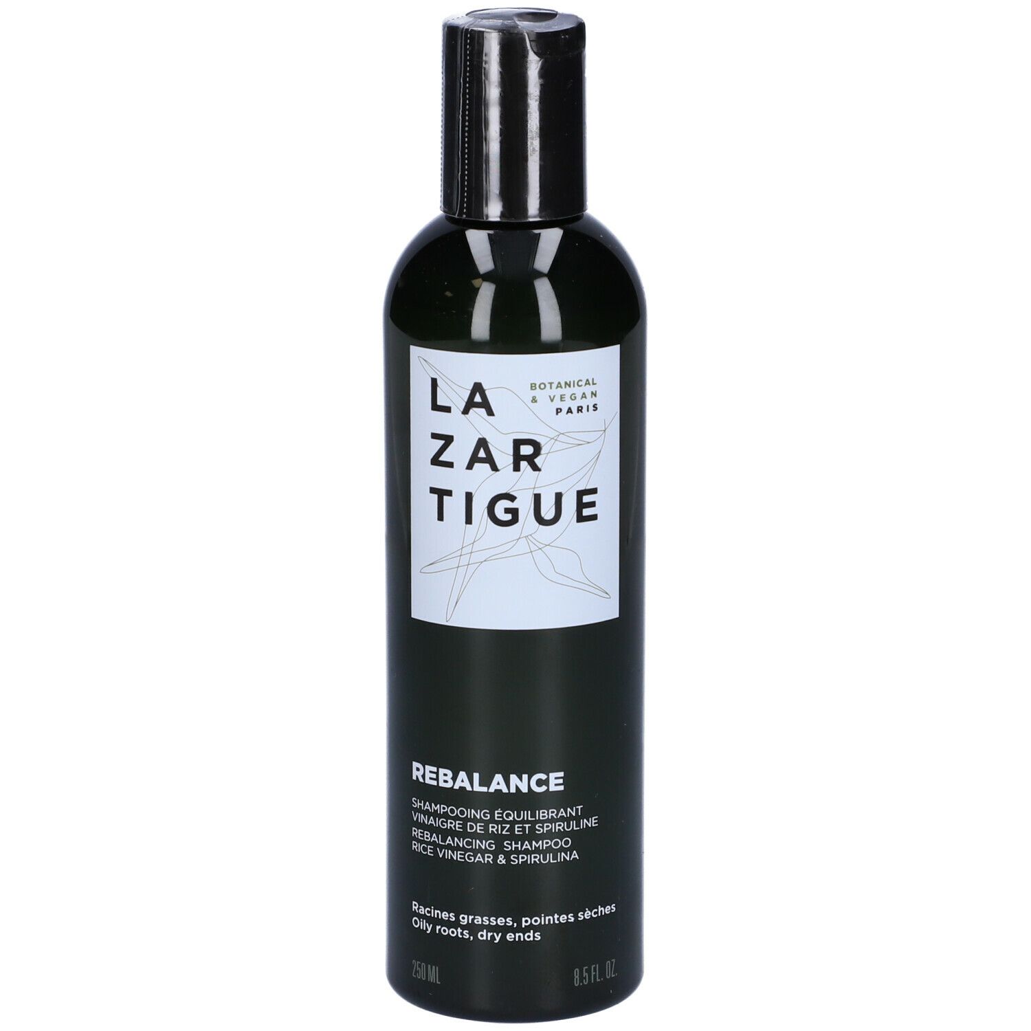 Flacone verde, tappo nero. Scritta LAZARTIGUE REBALANCE Shampoo. Botanico & Vegano Paris.