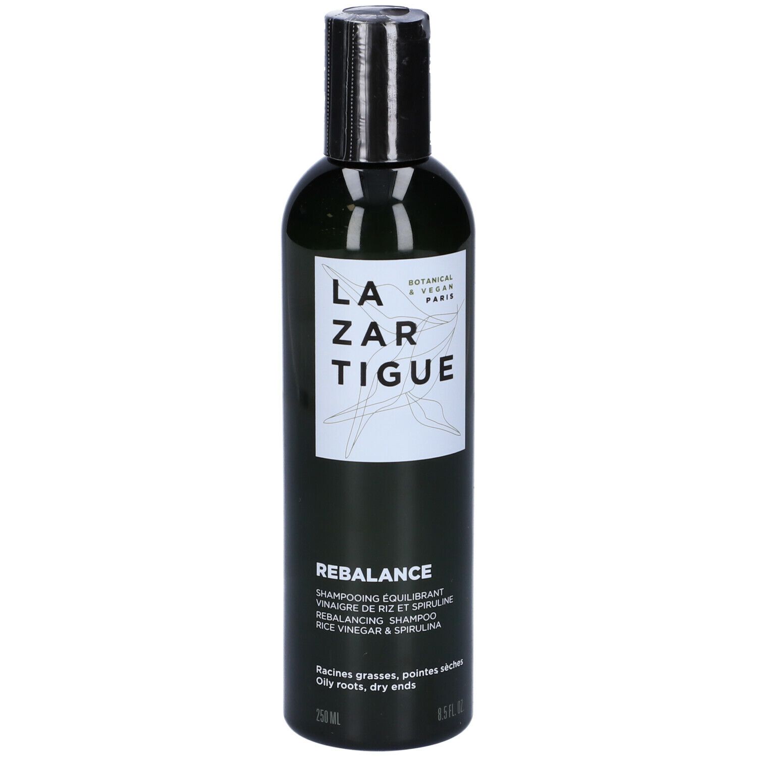 Flacone verde, tappo nero. Scritta LAZARTIGUE REBALANCE Shampoo. Botanico & Vegano Paris.