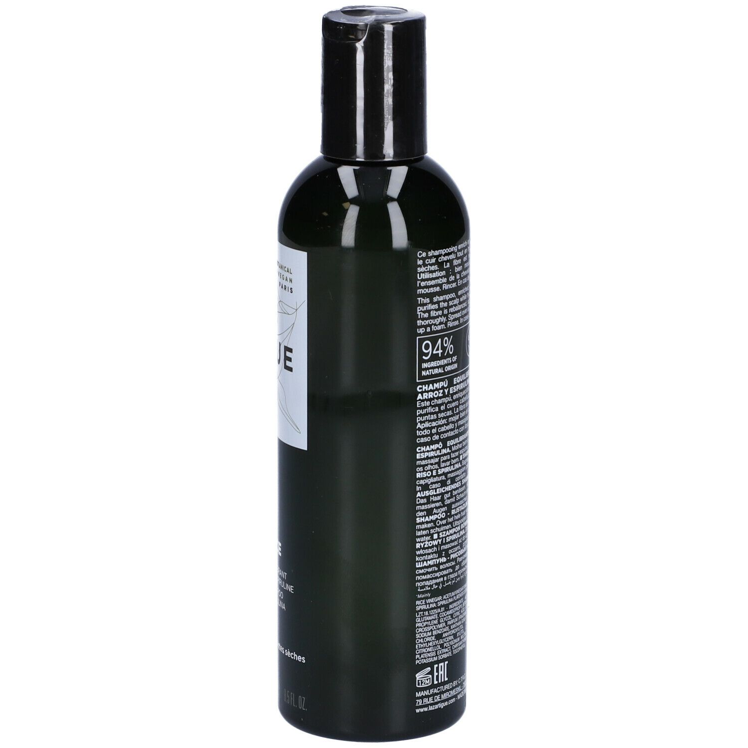 Flacone verde, tappo nero. Testo ed etichetta con informazioni sul prodotto. Logo vegano.