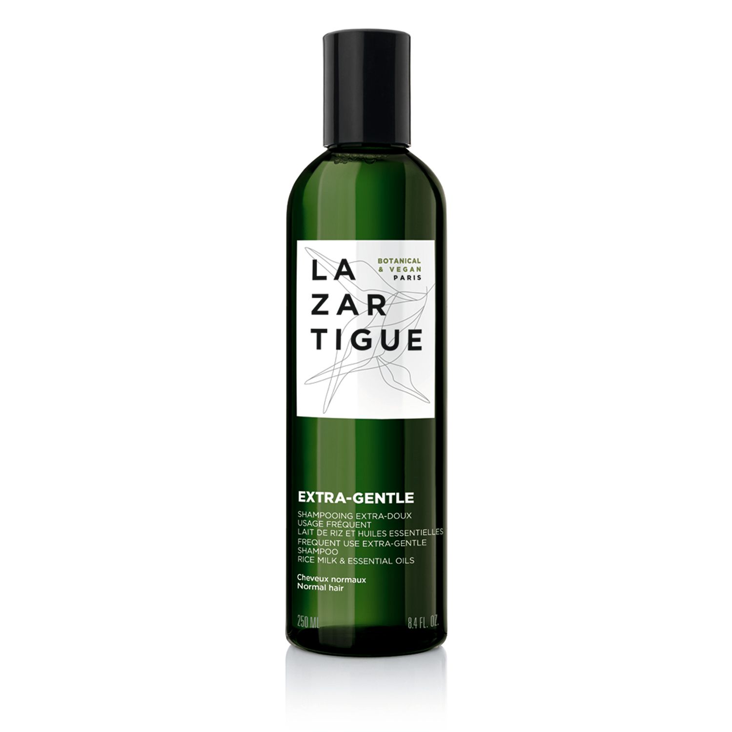 Flacone verde con tappo nero. Scritta: LAZARTIGUE EXTRA-GENTLE Shampoo. Botanico & Vegano Paris.