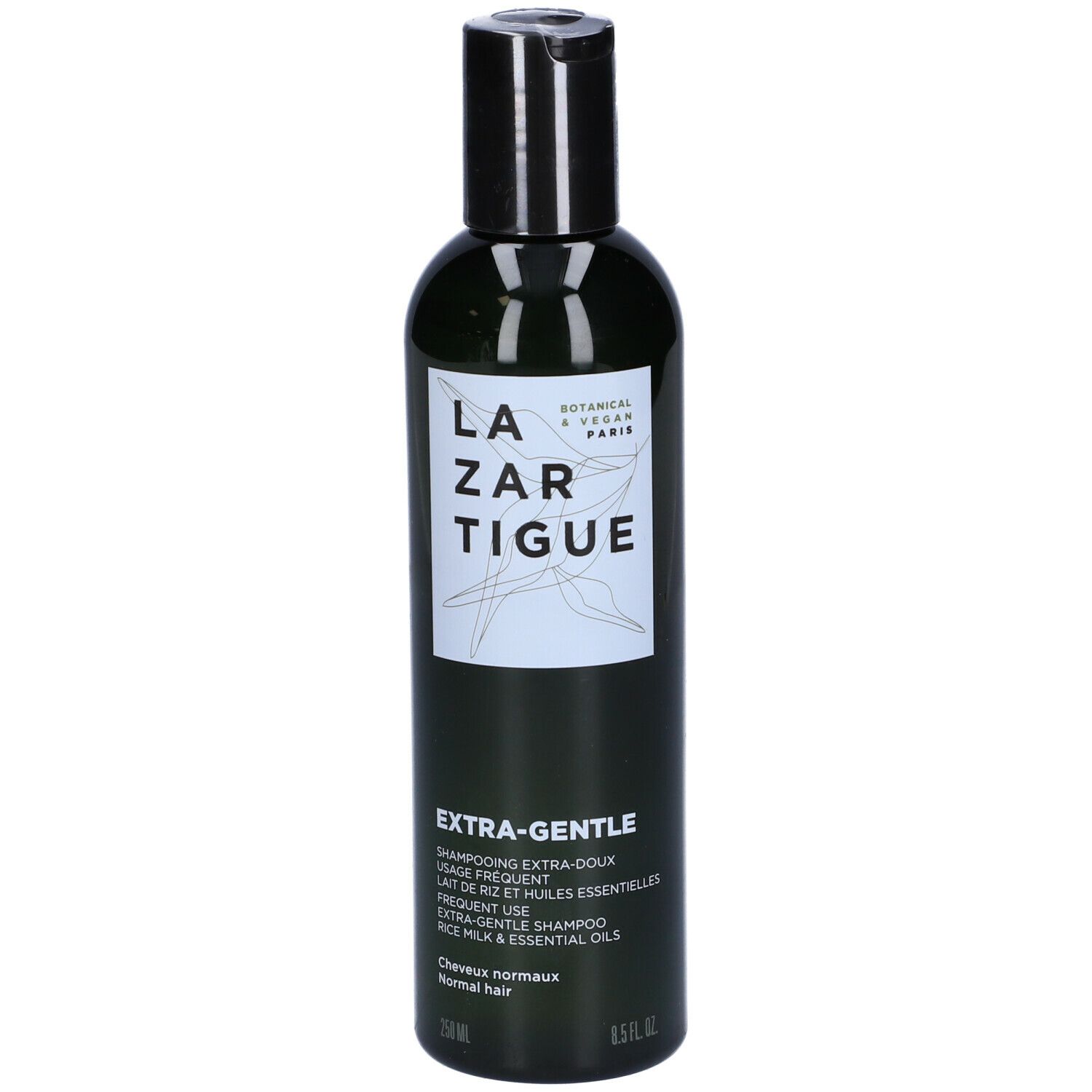 Flacone verde con tappo nero. Scritta: LAZARTIGUE EXTRA-GENTLE Shampoo. Botanico & Vegano Paris.