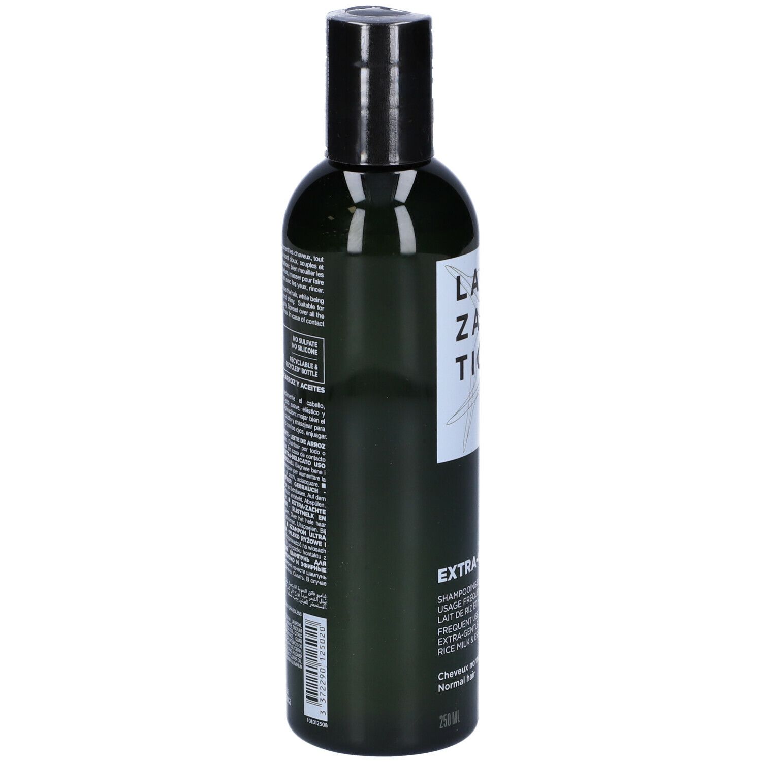 Flacone verde con tappo nero. Scritta: LAZARTIGUE EXTRA-GENTLE Shampoo. Botanico & Vegano Paris.