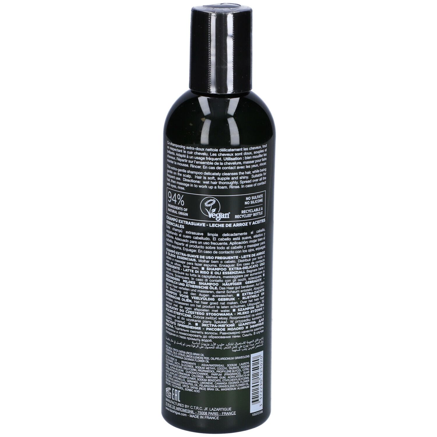 Flacone verde con tappo nero. Scritta: LAZARTIGUE EXTRA-GENTLE Shampoo. Botanico & Vegano Paris.