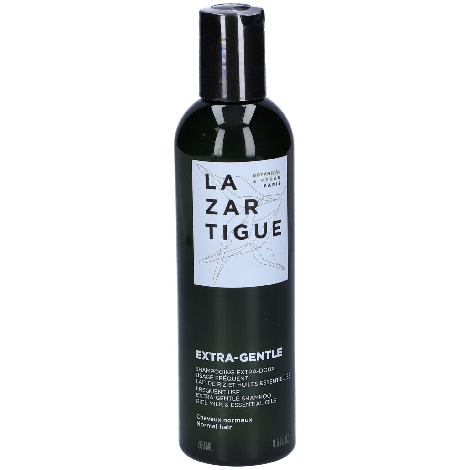 Flacone verde con tappo nero. Scritta: LAZARTIGUE EXTRA-GENTLE Shampoo. Botanico & Vegano Paris.