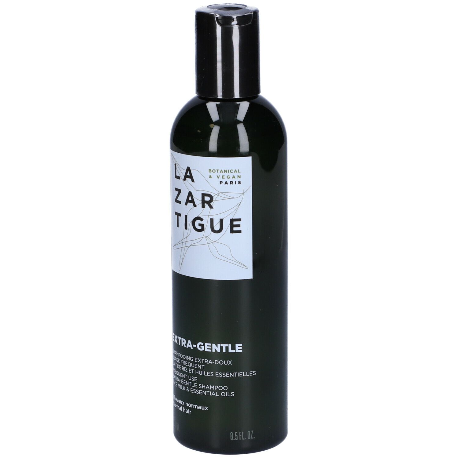 Flacone verde con tappo nero. Scritta: LAZARTIGUE EXTRA-GENTLE Shampoo. Botanico & Vegano Paris.