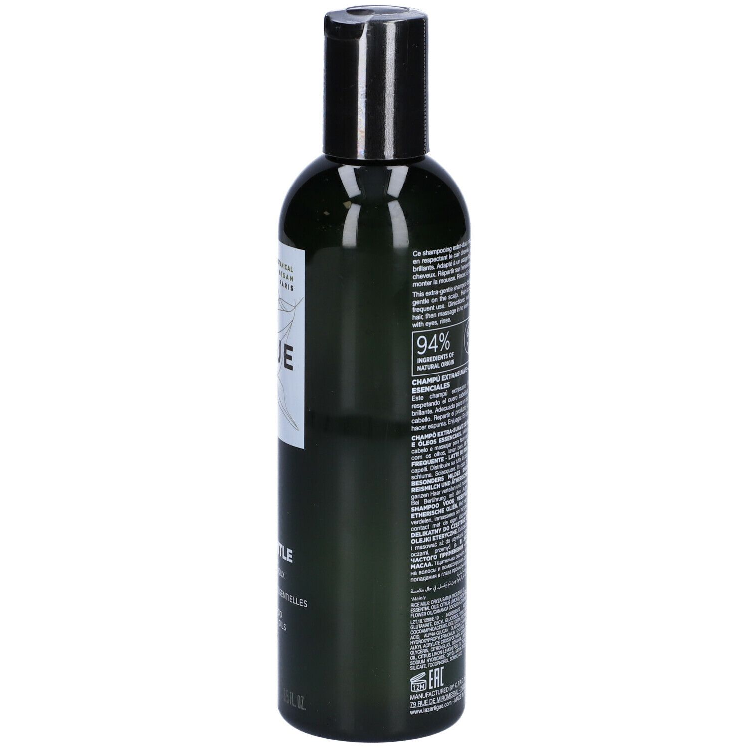 Flacone verde con tappo nero. Scritta: LAZARTIGUE EXTRA-GENTLE Shampoo. Botanico & Vegano Paris.