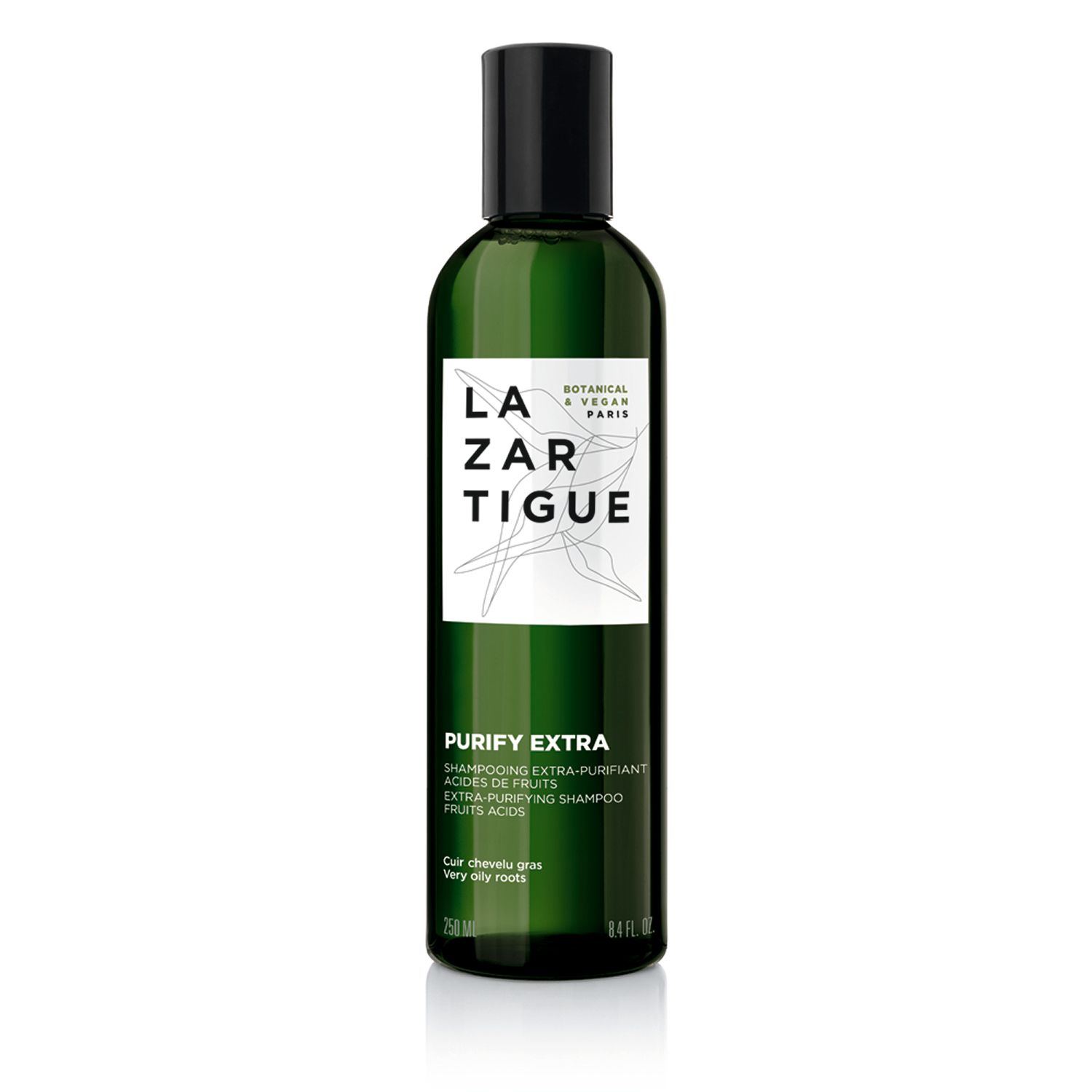 Flacone verde di shampoo LAZARTIGUE PURIFY EXTRA. Tappo nero, etichetta bianca con logo e informazioni. 250 ml.
