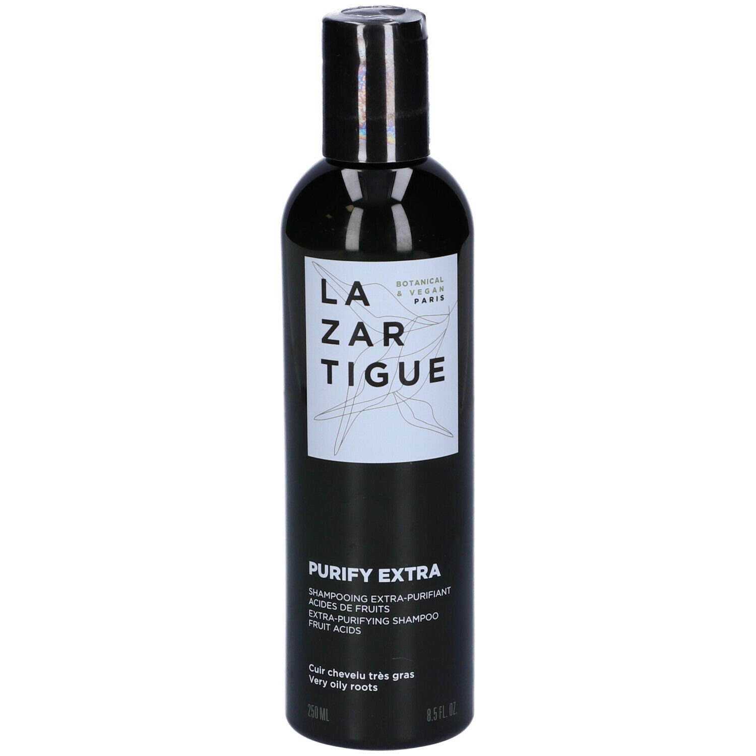 Flacone nero di shampoo LAZARTIGUE PURIFY EXTRA. Tappo nero, etichetta bianca con logo e informazioni. 250 ml.