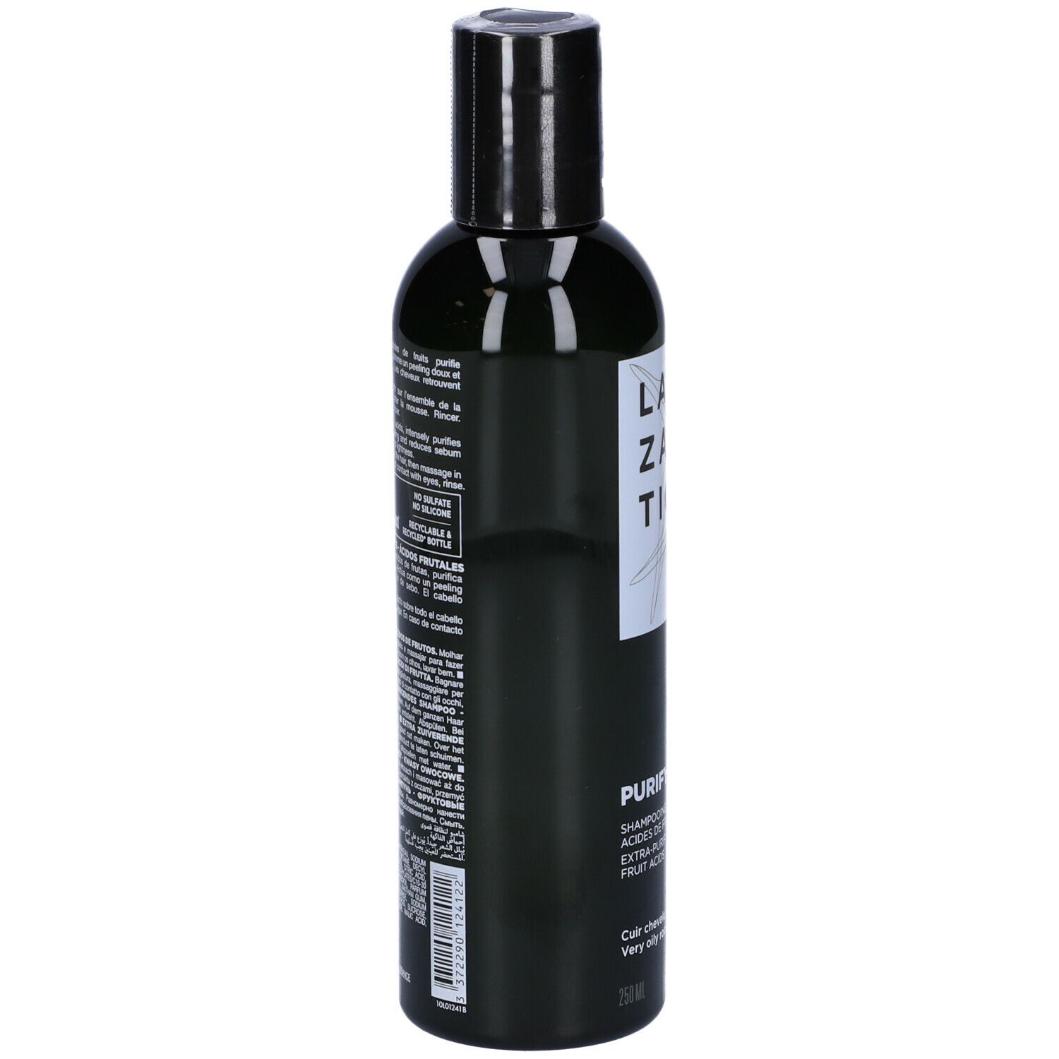 Retro del flacone di shampoo LAZARTIGUE PURIFY EXTRA. Flacone nero, etichetta bianca con testo. 250 ml. Logo vegano.