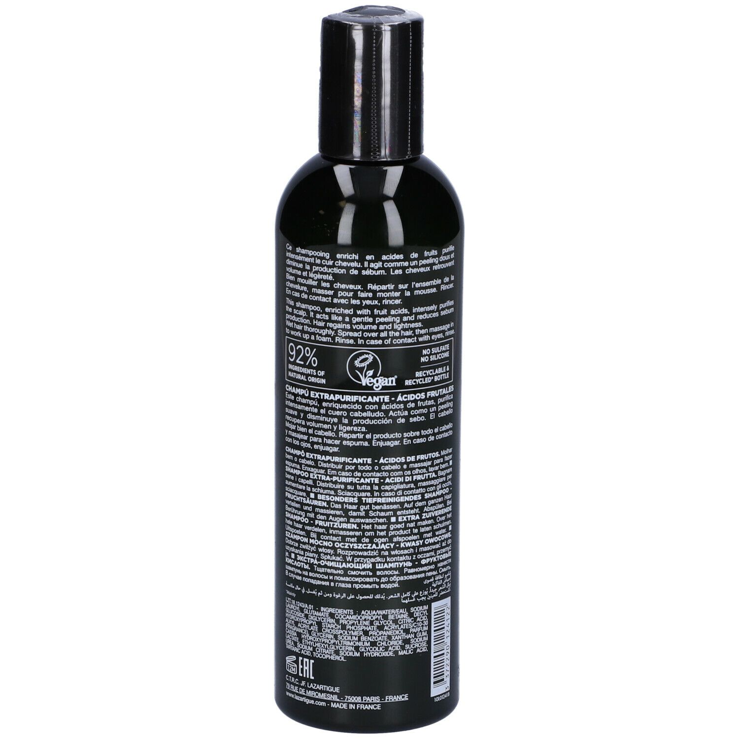 Retro del flacone di shampoo LAZARTIGUE PURIFY EXTRA. Flacone nero, etichetta bianca con testo. 250 ml. Logo vegano.