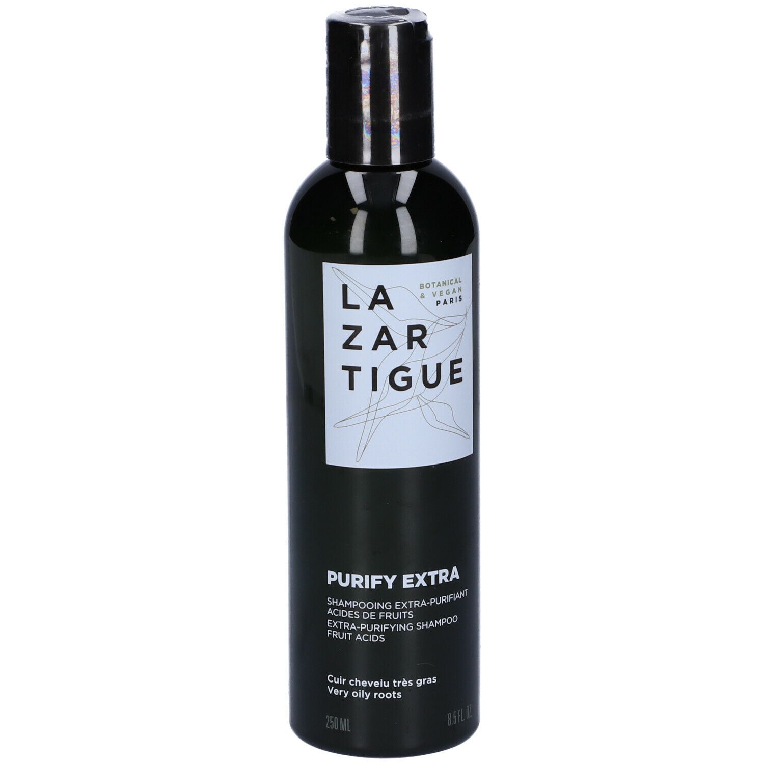 Flacone nero di shampoo LAZARTIGUE PURIFY EXTRA. Tappo nero, etichetta bianca con logo e informazioni. 250 ml.