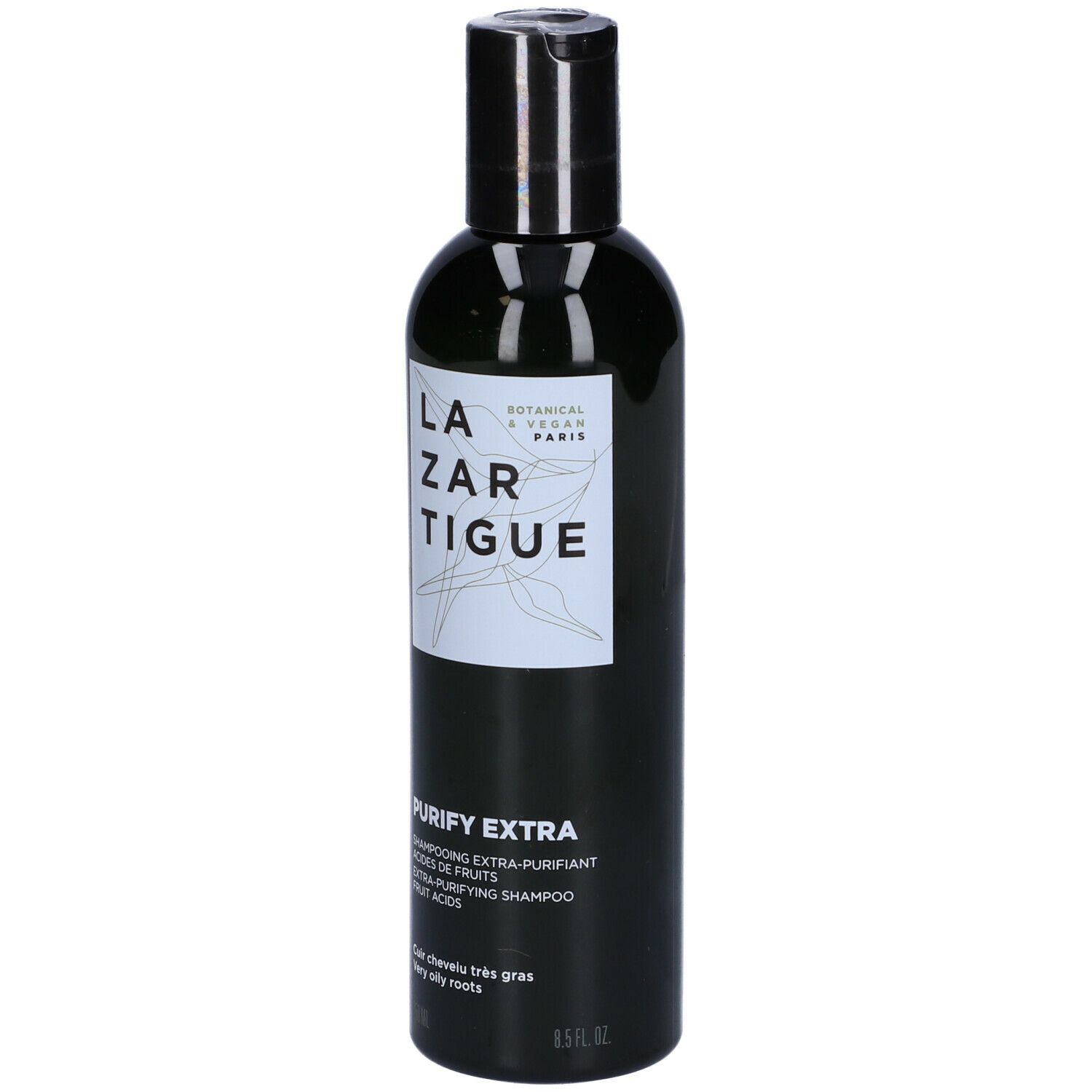 Flacone nero di shampoo LAZARTIGUE PURIFY EXTRA. Tappo nero, etichetta bianca con logo e informazioni. 8.5 fl oz.
