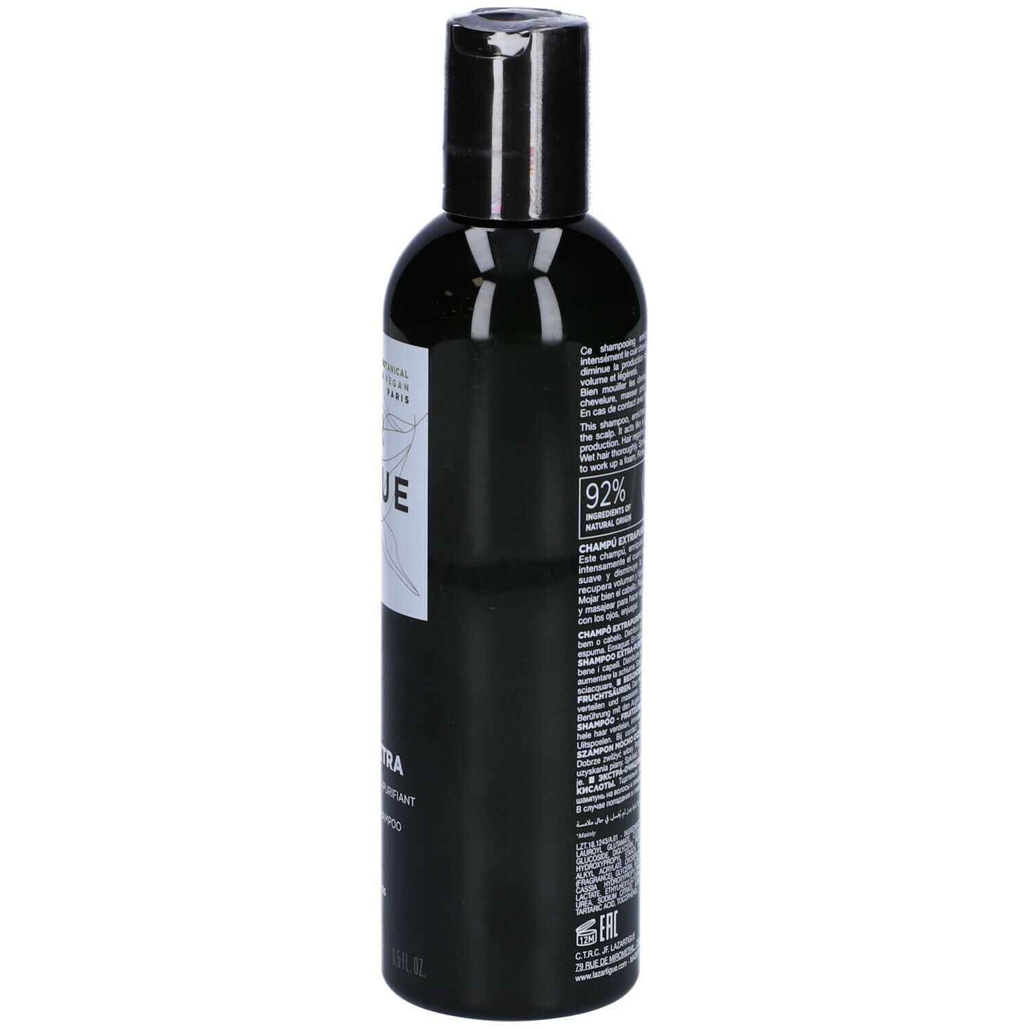 Flacone di shampoo LAZARTIGUE PURIFY EXTRA, lato. Flacone nero, etichetta bianca con testo. 92% naturale.
