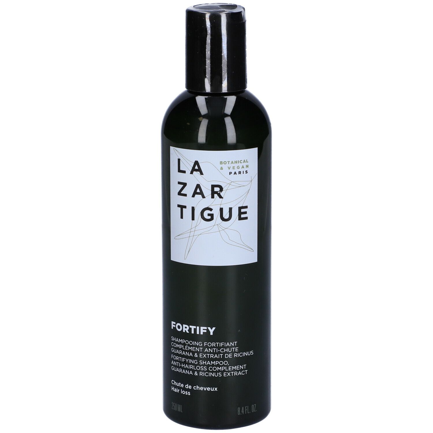 Flacone verde, tappo nero. LAZARTIGUE FORTIFY Shampoo. Anti-caduta. Botanico & Vegano.