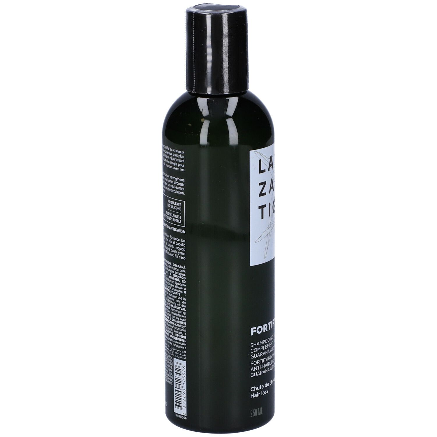 Flacone verde, tappo nero. Retro con testo. LAZARTIGUE FORTIFY Shampoo. Vegano.