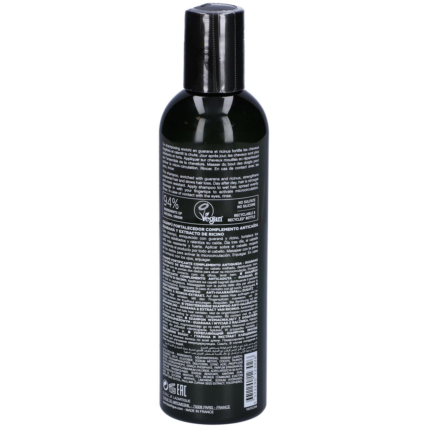 Flacone verde, tappo nero. Retro con testo. LAZARTIGUE FORTIFY Shampoo. Vegano.
