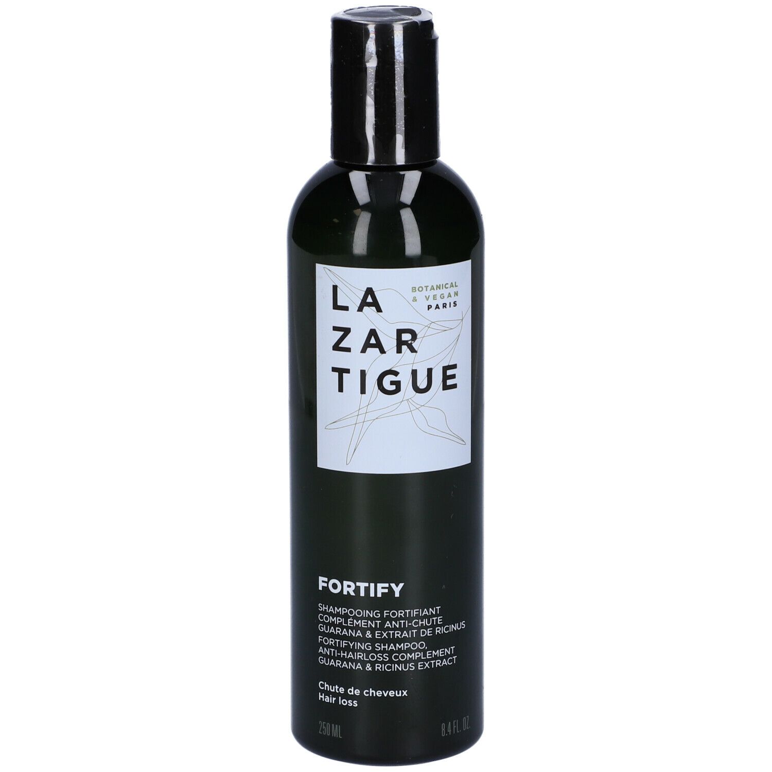 Flacone verde, tappo nero. LAZARTIGUE FORTIFY Shampoo. Anti-caduta. Botanico & Vegano.