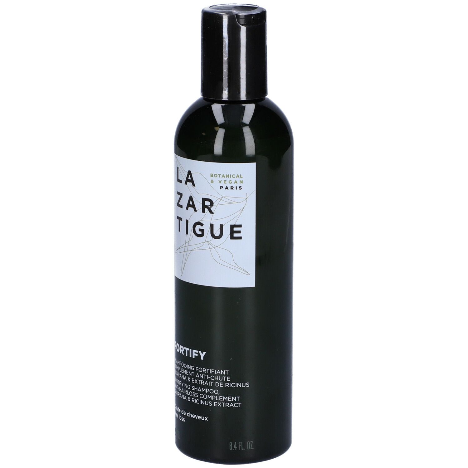 Flacone verde, tappo nero. LAZARTIGUE FORTIFY Shampoo. Anti-caduta. Botanico & Vegano.