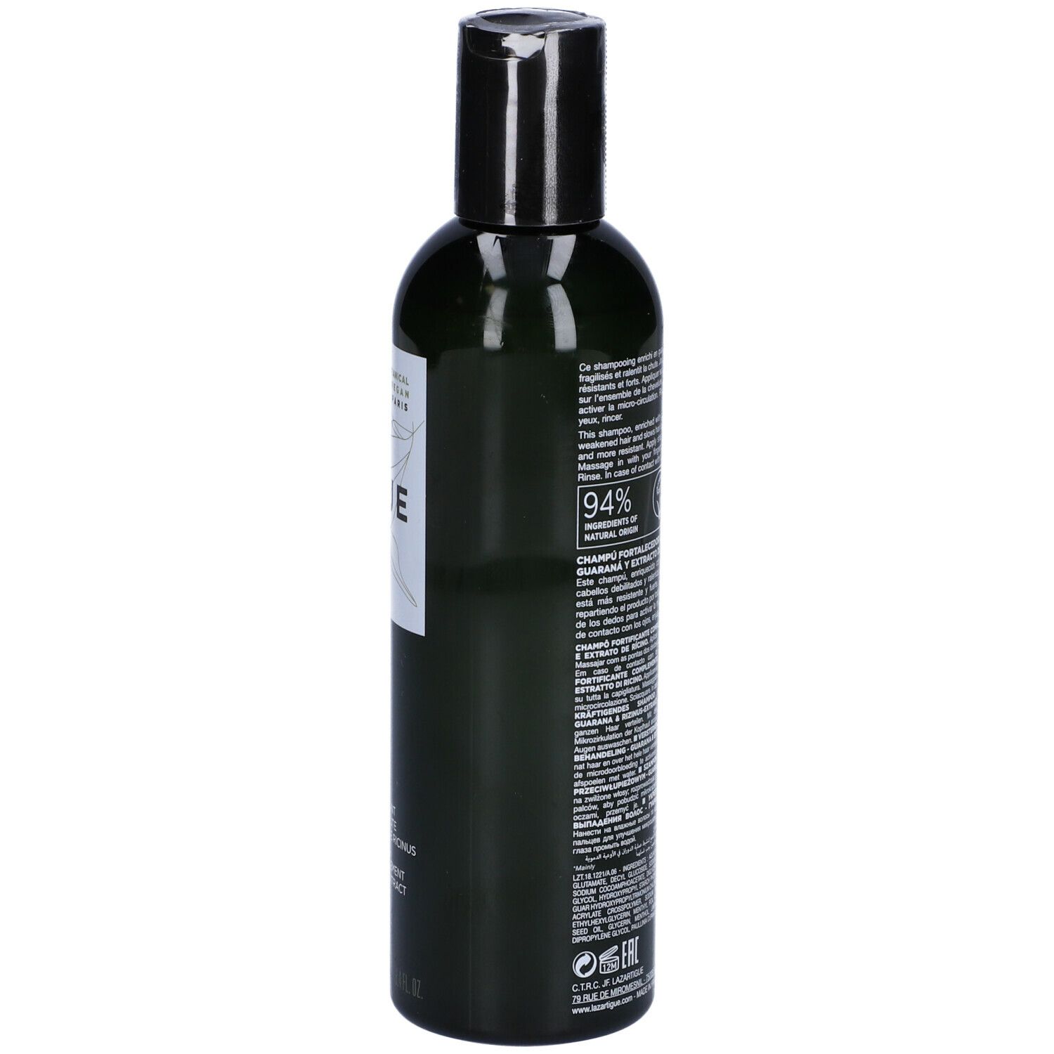 Flacone verde, tappo nero. Retro con testo. LAZARTIGUE FORTIFY Shampoo. Vegano.