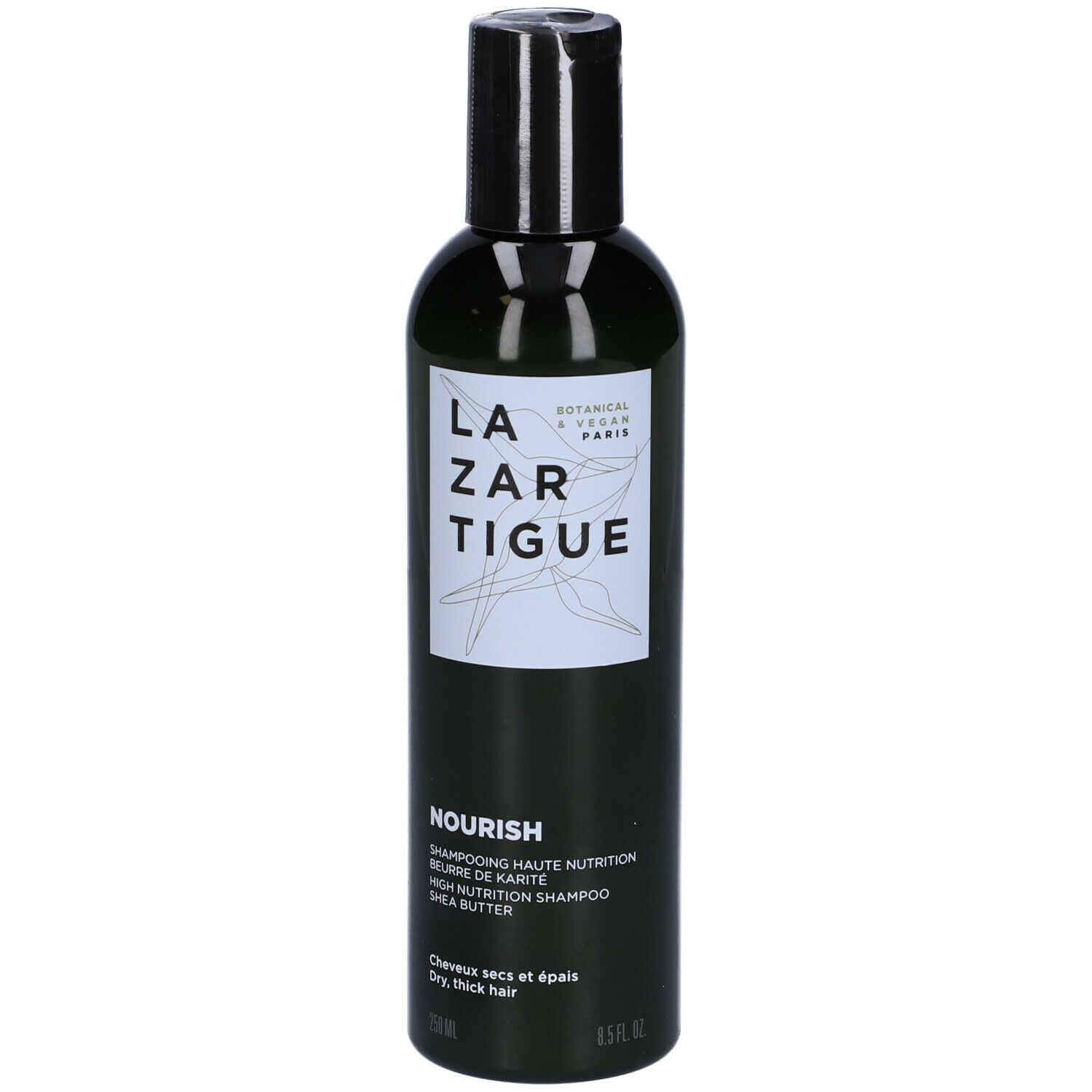 Flacone di shampoo LAZARTIGUE NOURISH. Verde, tappo nero. Etichetta bianca con informazioni.