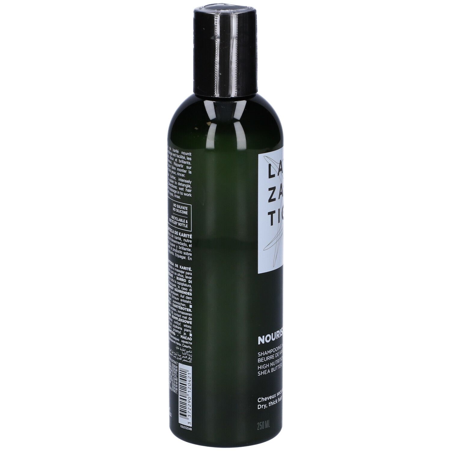 Flacone di shampoo LAZARTIGUE NOURISH. Retro con testo. Verde, tappo nero. Logo vegano.