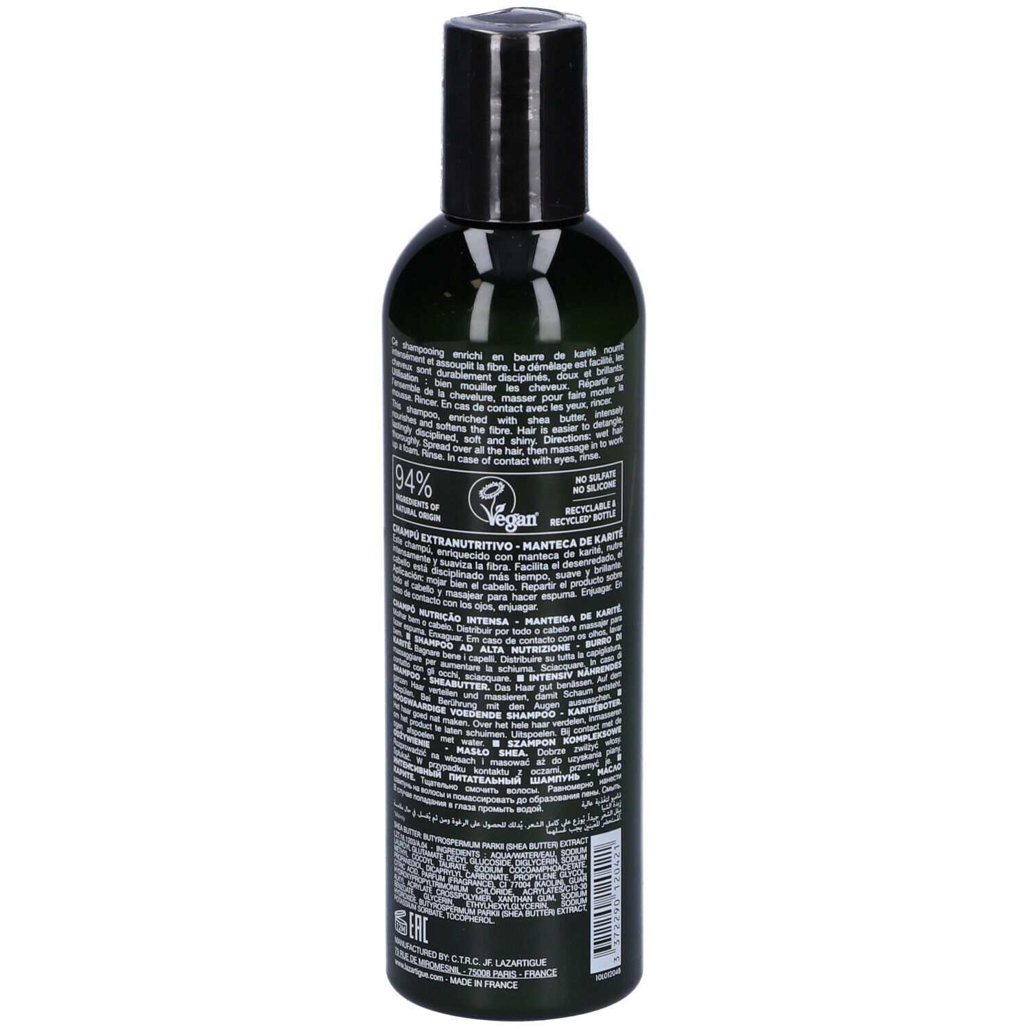 Flacone di shampoo LAZARTIGUE NOURISH. Retro con testo. Verde, tappo nero. Logo vegano.