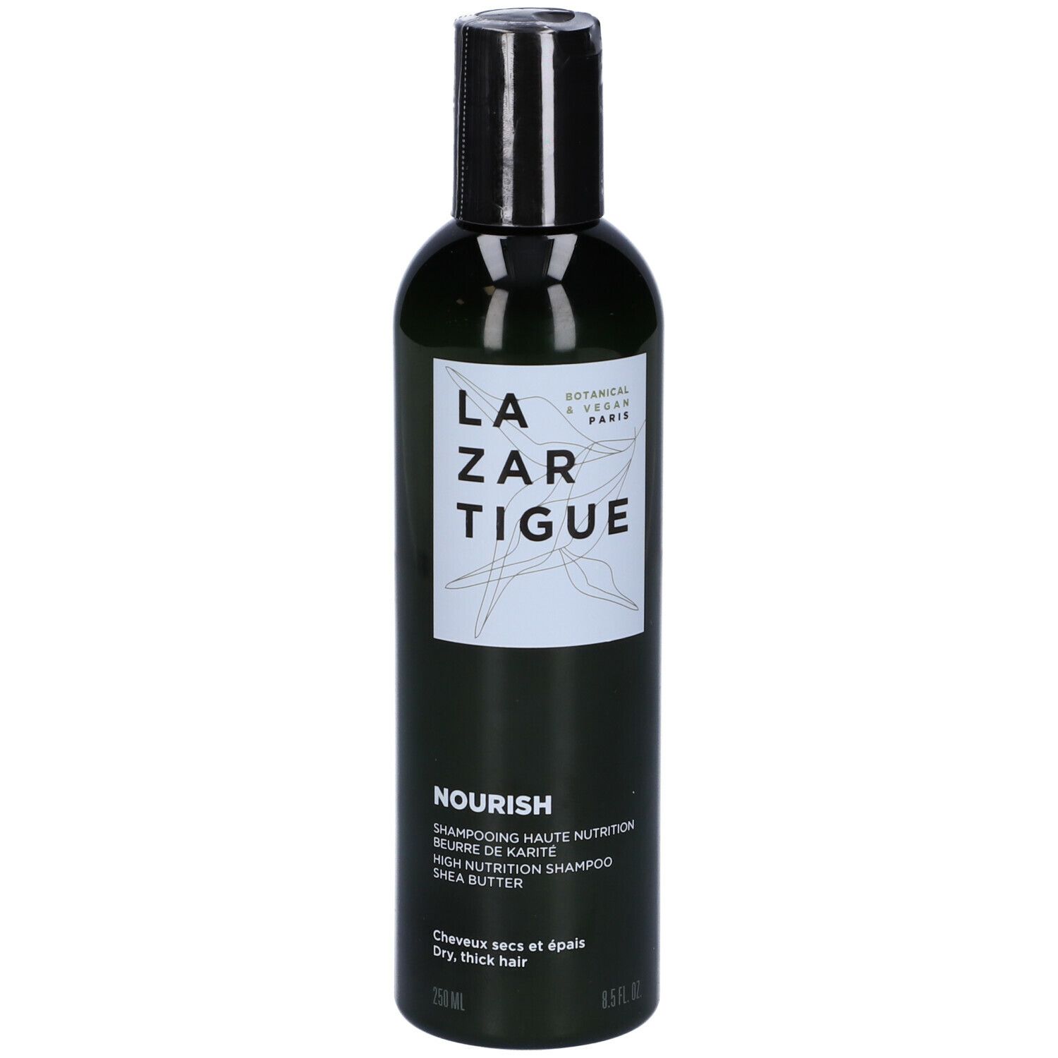 Flacone di shampoo LAZARTIGUE NOURISH. Verde, tappo nero. Etichetta bianca con informazioni.