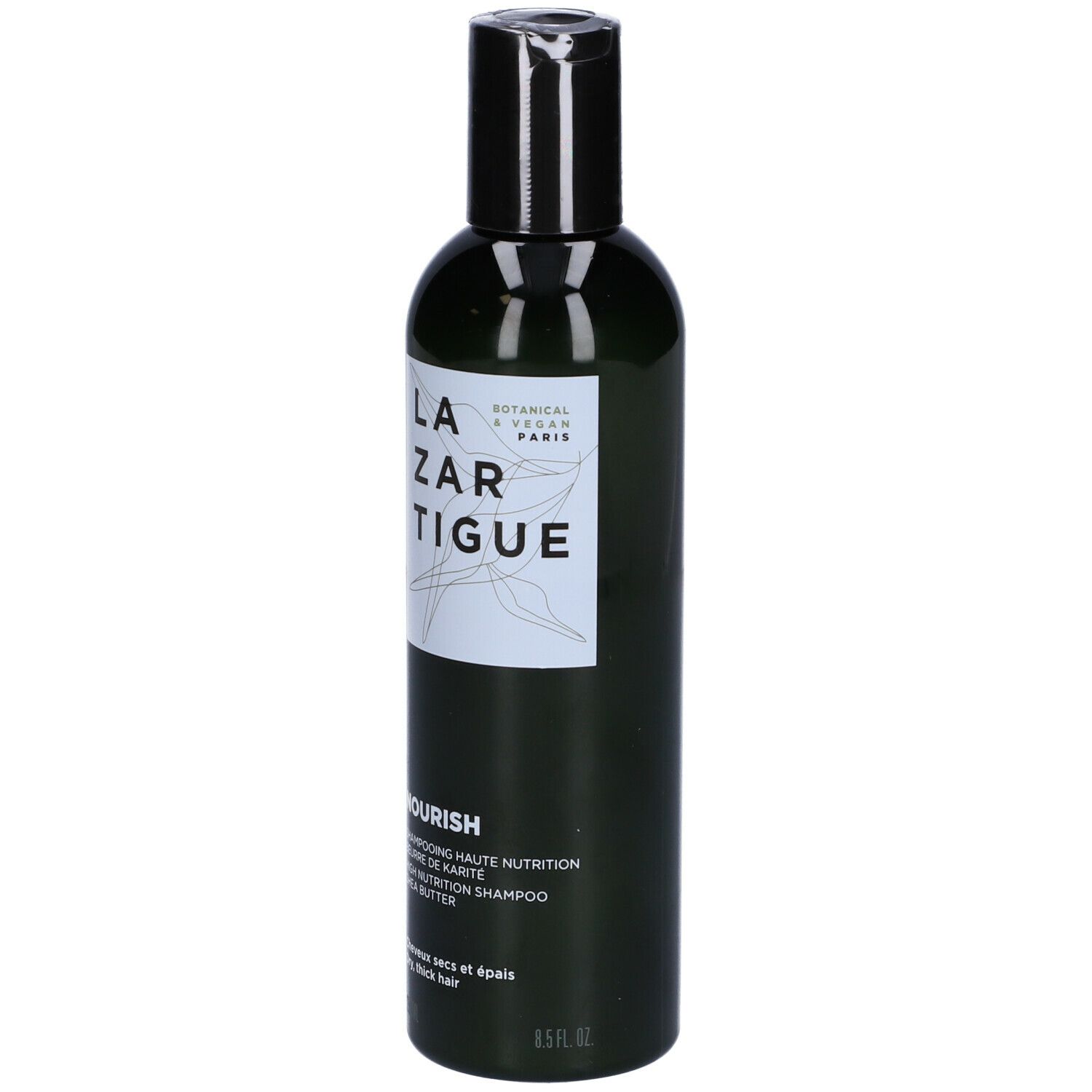 Flacone di shampoo LAZARTIGUE NOURISH. Verde, tappo nero. Etichetta bianca con informazioni.