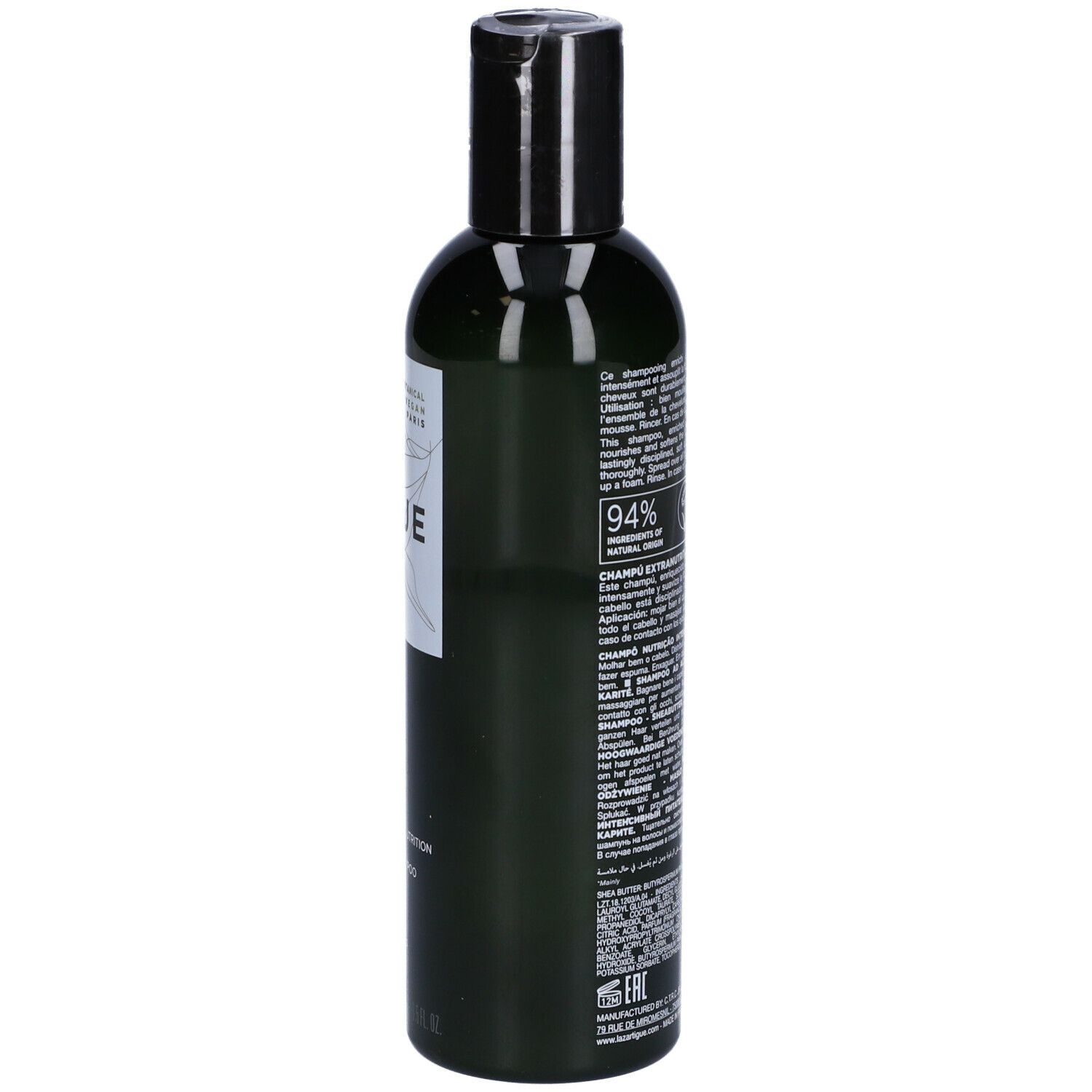 Flacone di shampoo LAZARTIGUE NOURISH. Retro con testo. Verde, tappo nero. Logo vegano.
