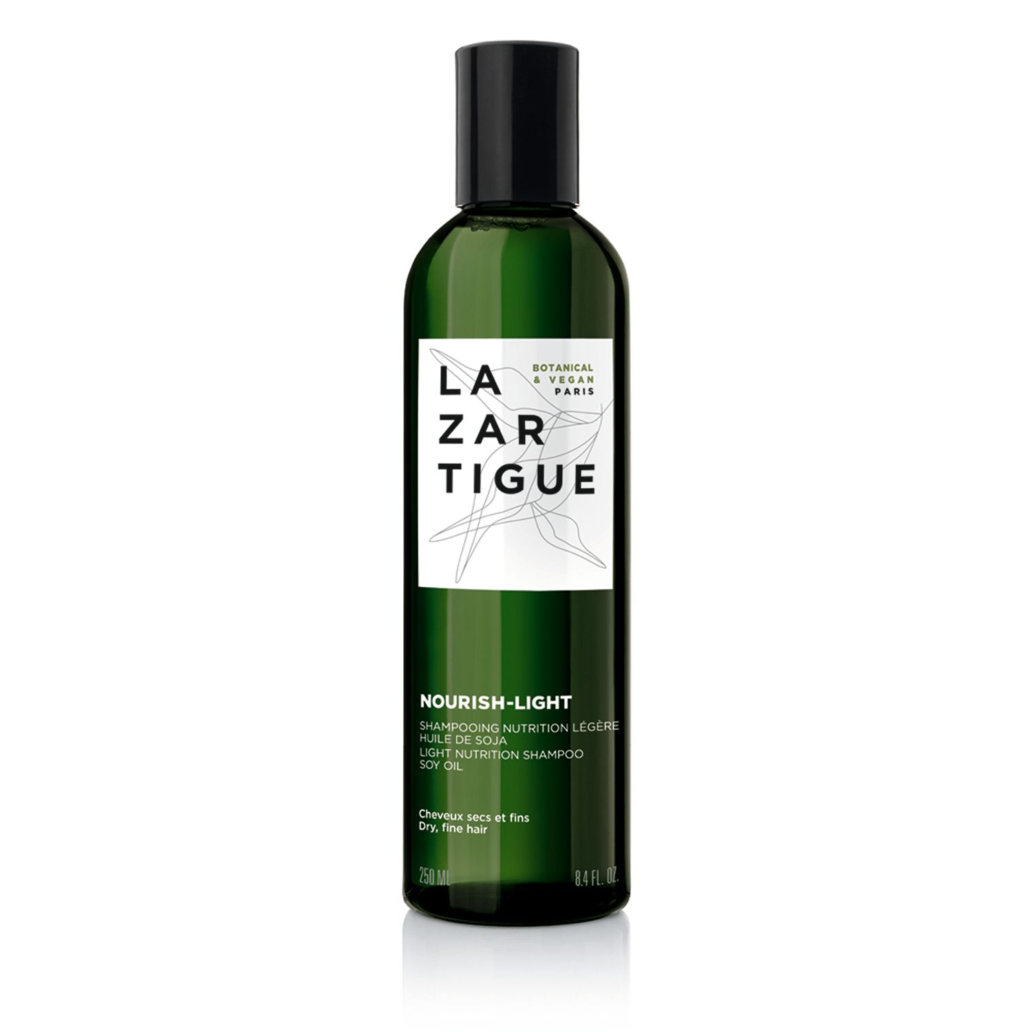 Flacone verde con tappo nero. Scritta: LAZARTIGUE, NOURISH-LIGHT Shampoo. Per capelli secchi e fini.