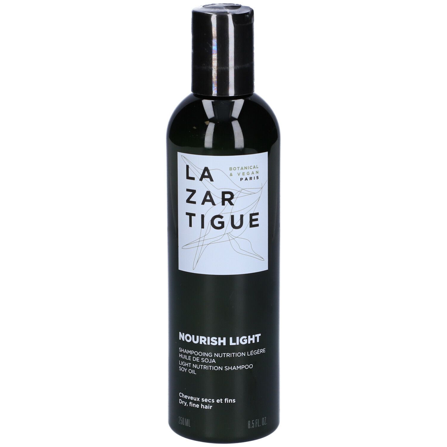 Flacone verde con tappo nero. Scritta: LAZARTIGUE, NOURISH-LIGHT Shampoo. Per capelli secchi e fini.