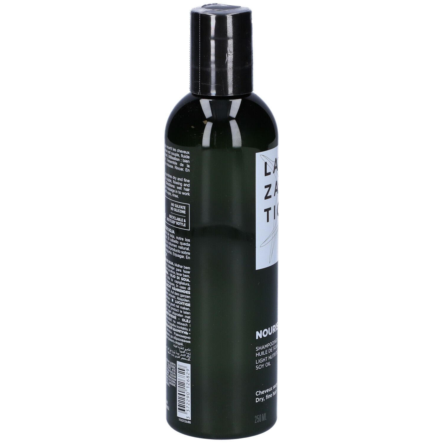 Flacone verde con tappo nero. Scritta: LAZARTIGUE, NOURISH-LIGHT Shampoo. Testo e loghi.