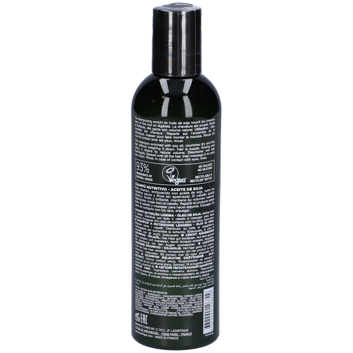 Flacone verde con tappo nero. Scritta: LAZARTIGUE, NOURISH-LIGHT Shampoo. Testo e loghi.