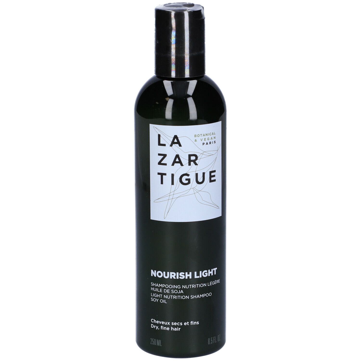 Flacone verde con tappo nero. Scritta: LAZARTIGUE, NOURISH-LIGHT Shampoo. Per capelli secchi e fini.