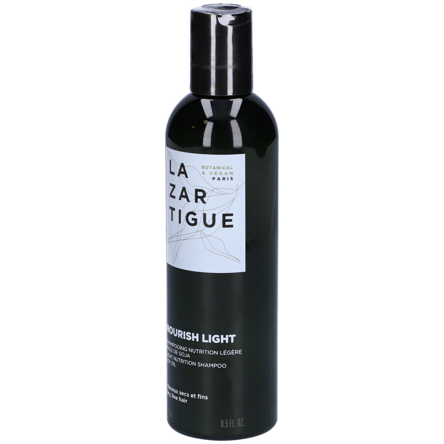 Flacone verde con tappo nero. Scritta: LAZARTIGUE, NOURISH-LIGHT Shampoo. Per capelli secchi e fini.