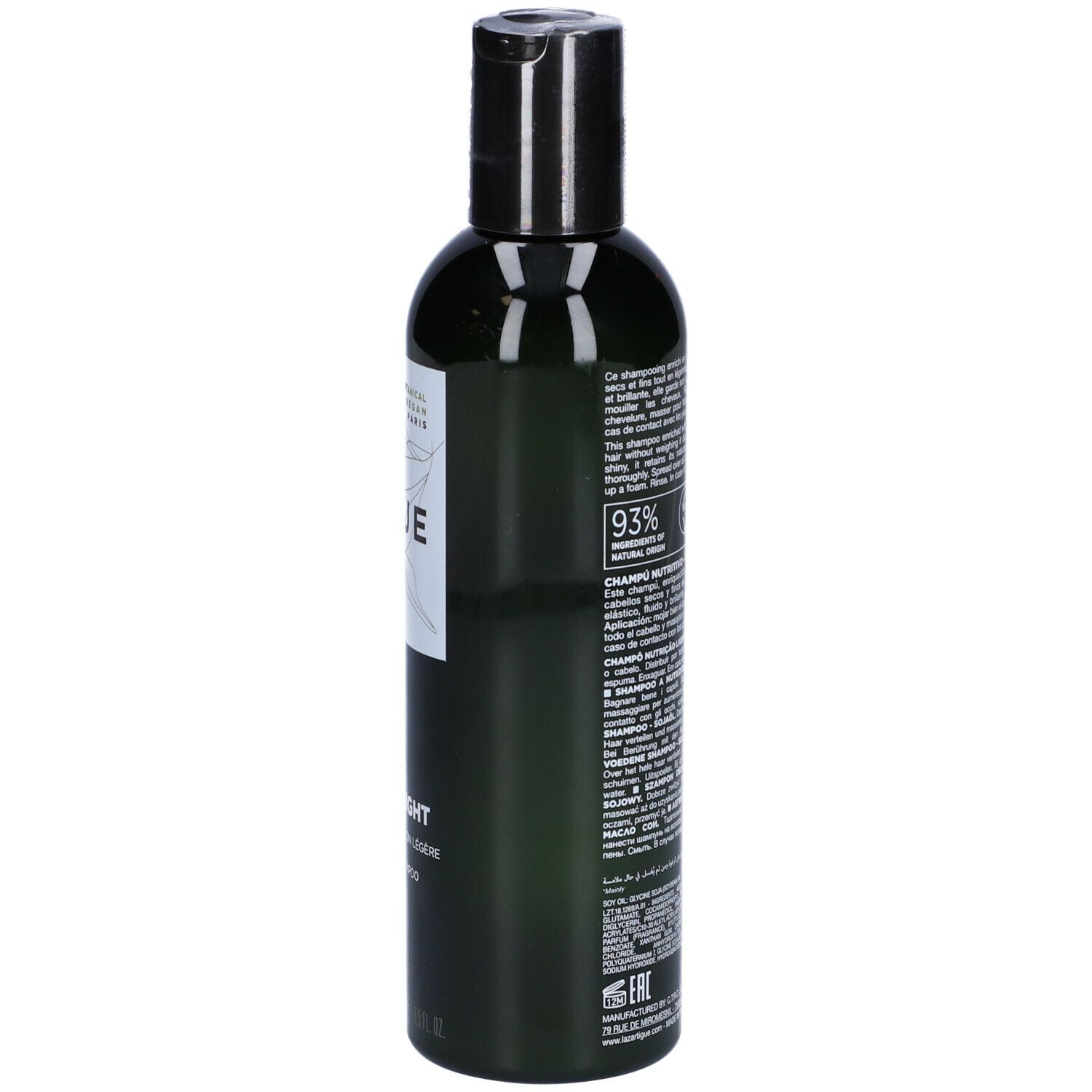 Flacone verde con tappo nero. Scritta: LAZARTIGUE, NOURISH-LIGHT Shampoo. Testo e loghi.