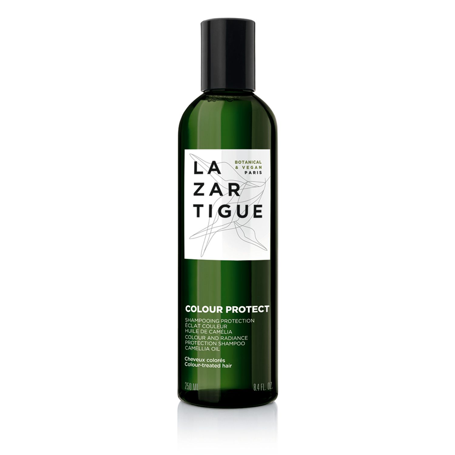 Flacone verde, tappo nero. Scritta: LAZARTIGUE, COLOUR PROTECT Shampoo. Vegano.