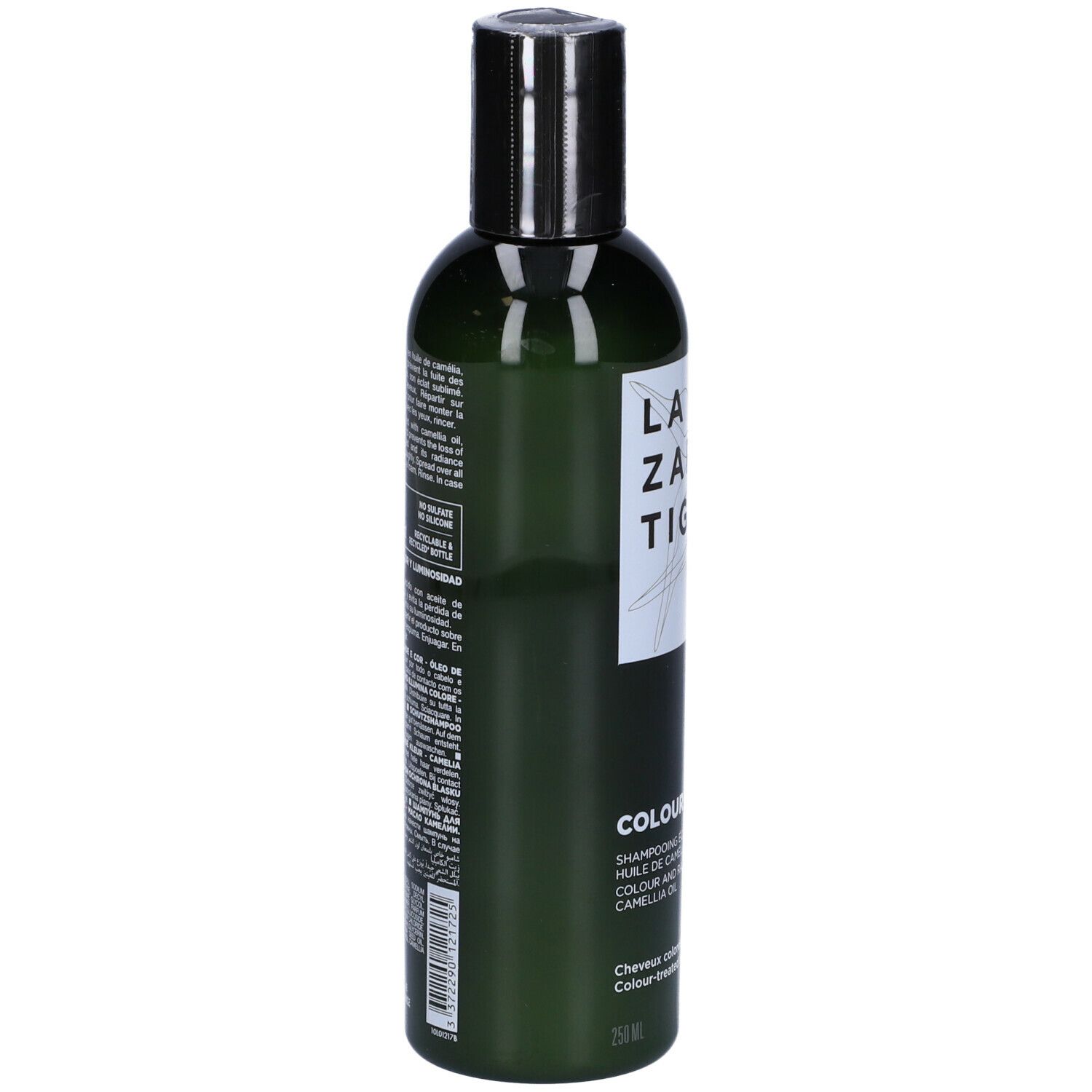 Flacone verde, tappo nero. Scritta: LAZARTIGUE, COLOUR PROTECT Shampoo. Vegano.