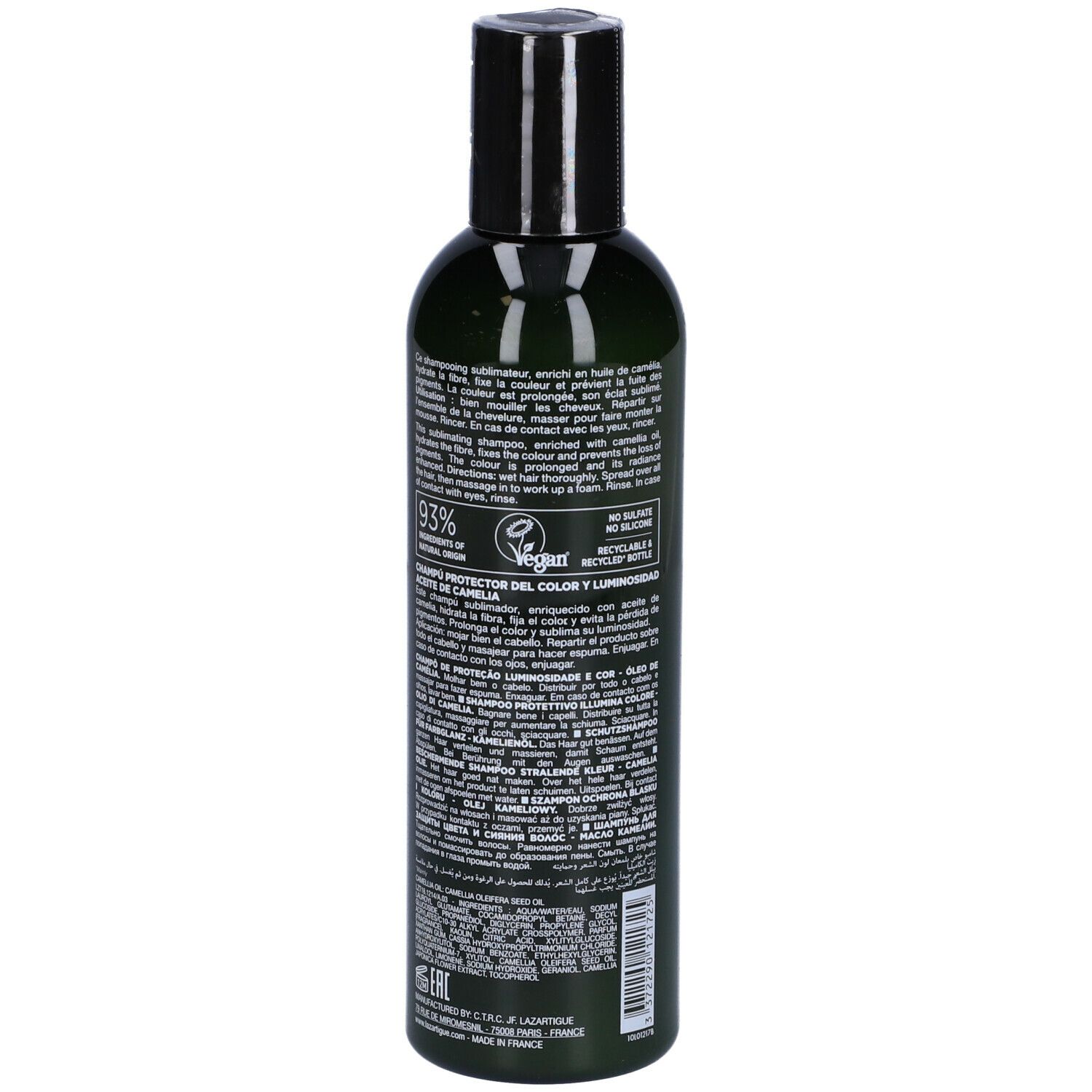 Flacone verde, tappo nero. Scritta: LAZARTIGUE, COLOUR PROTECT Shampoo. Vegano.