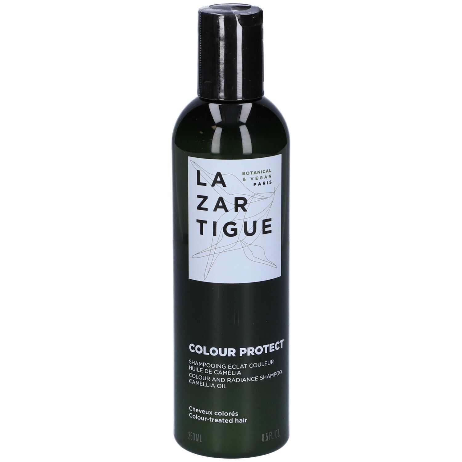 Flacone verde, tappo nero. Scritta: LAZARTIGUE, COLOUR PROTECT Shampoo. Vegano.