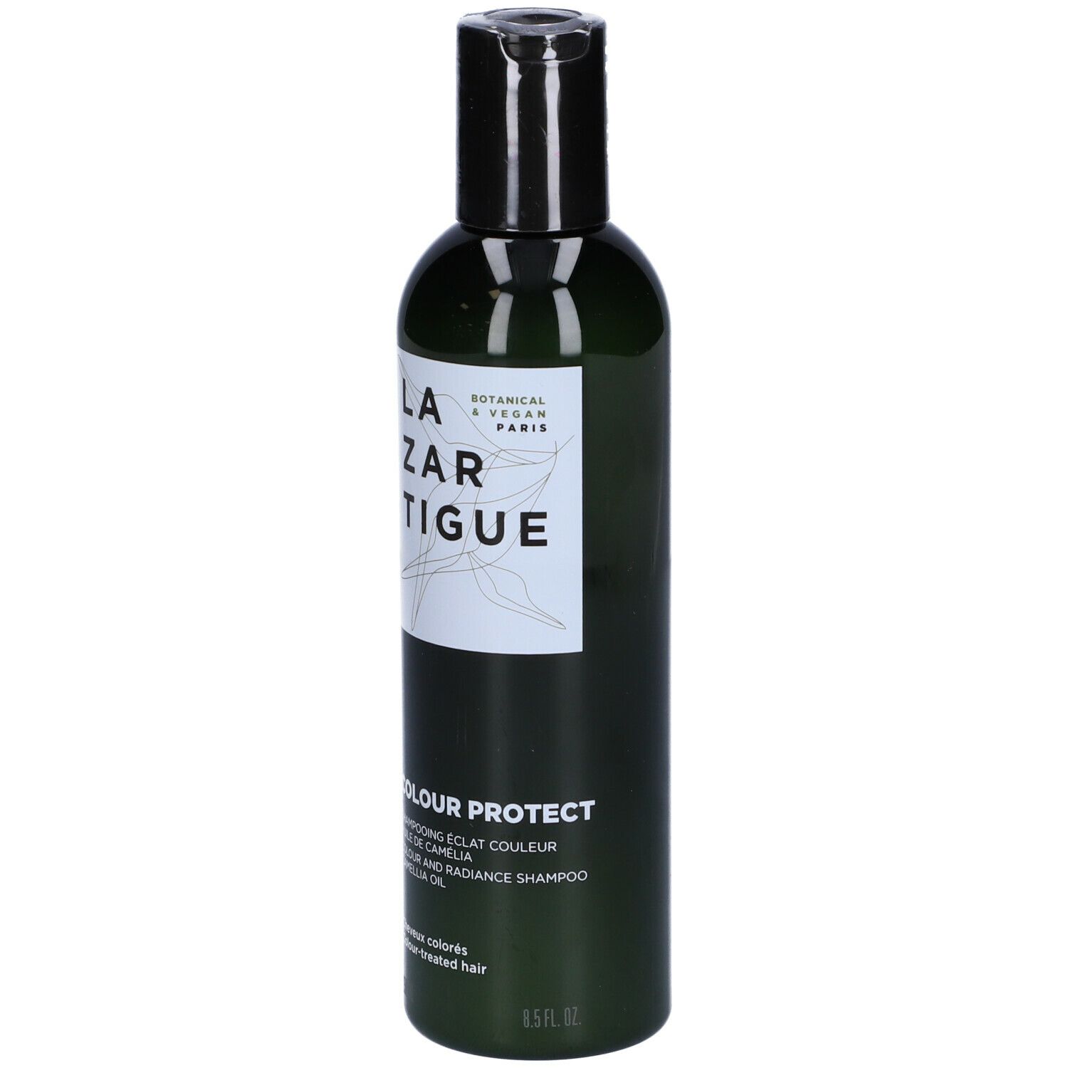 Flacone verde, tappo nero. Scritta: LAZARTIGUE, COLOUR PROTECT Shampoo. Vegano.