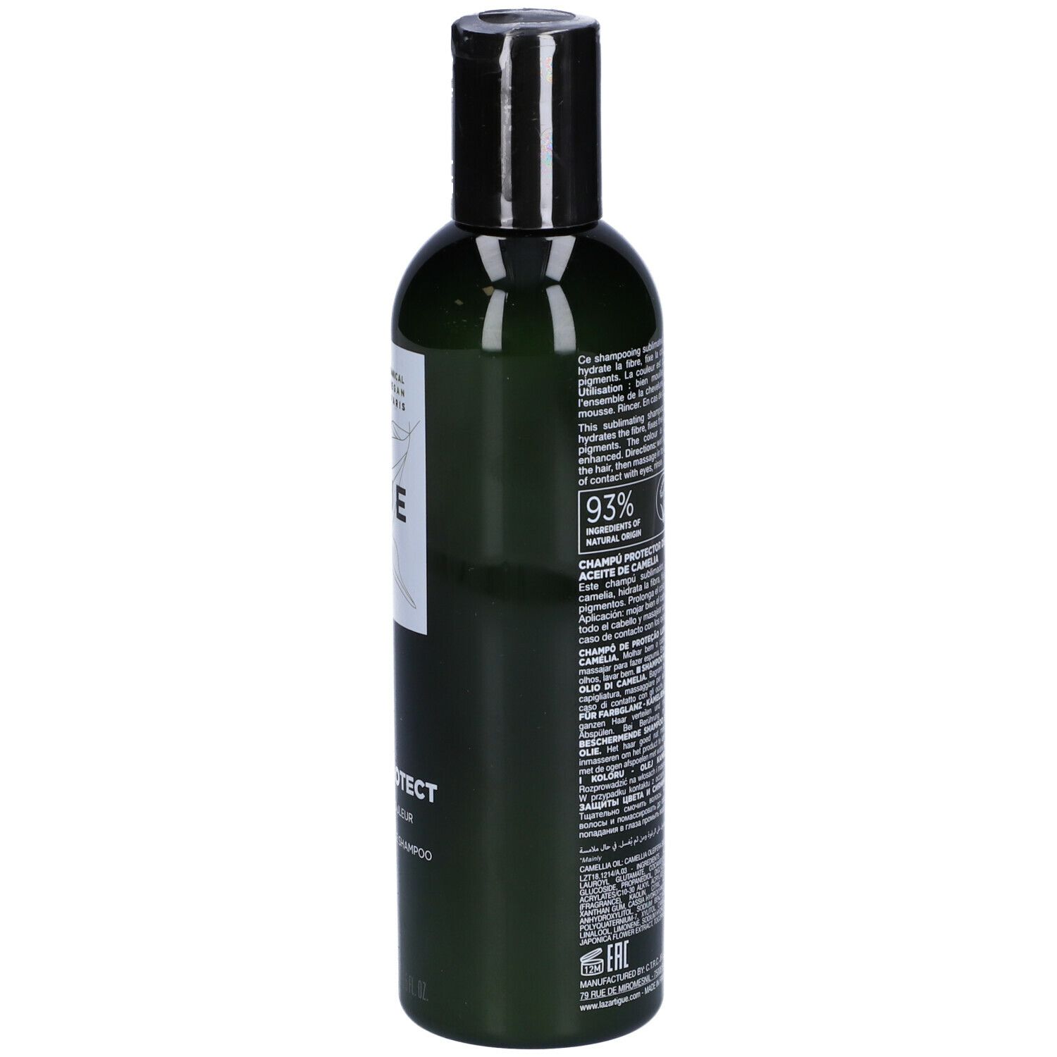 Flacone verde, tappo nero. Scritta: LAZARTIGUE, COLOUR PROTECT Shampoo. Vegano.