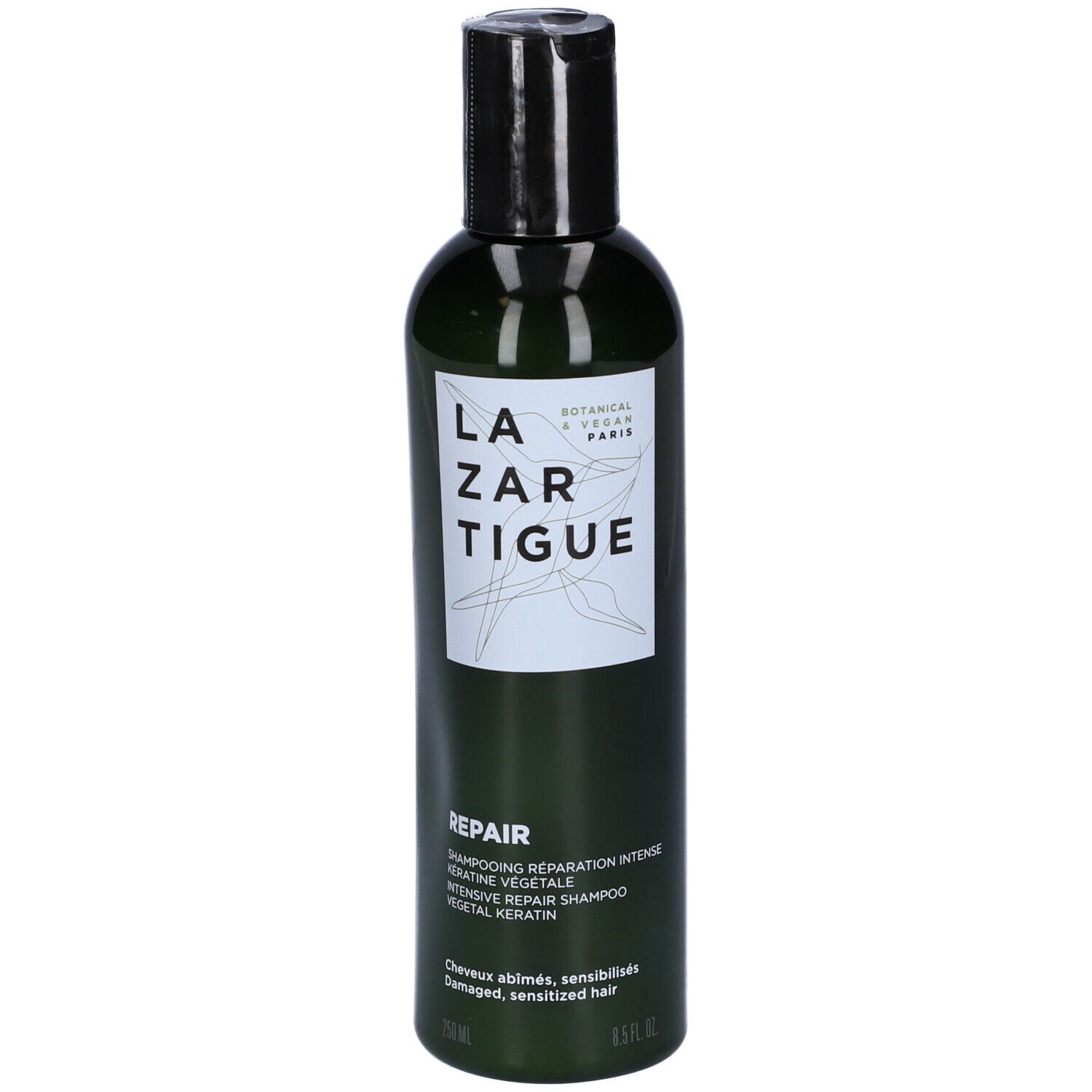 Flacone verde con tappo nero. Etichetta "LAZARTIGUE REPAIR". Testo: "Botanical & Vegan Paris".